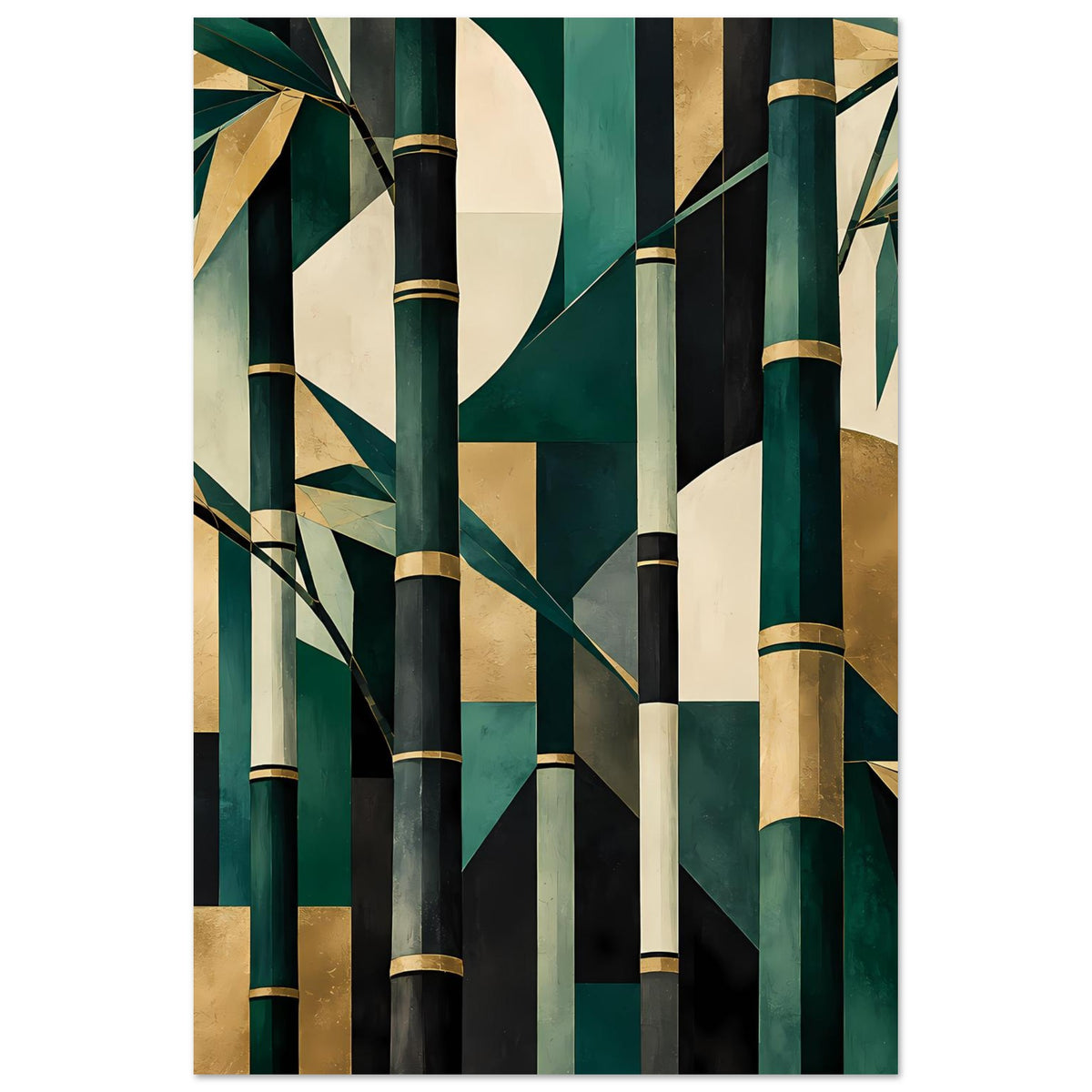 Naturposter mit abstraktem Bambusmotiv in Smaragdgrün und Gold, senkrechte Komposition