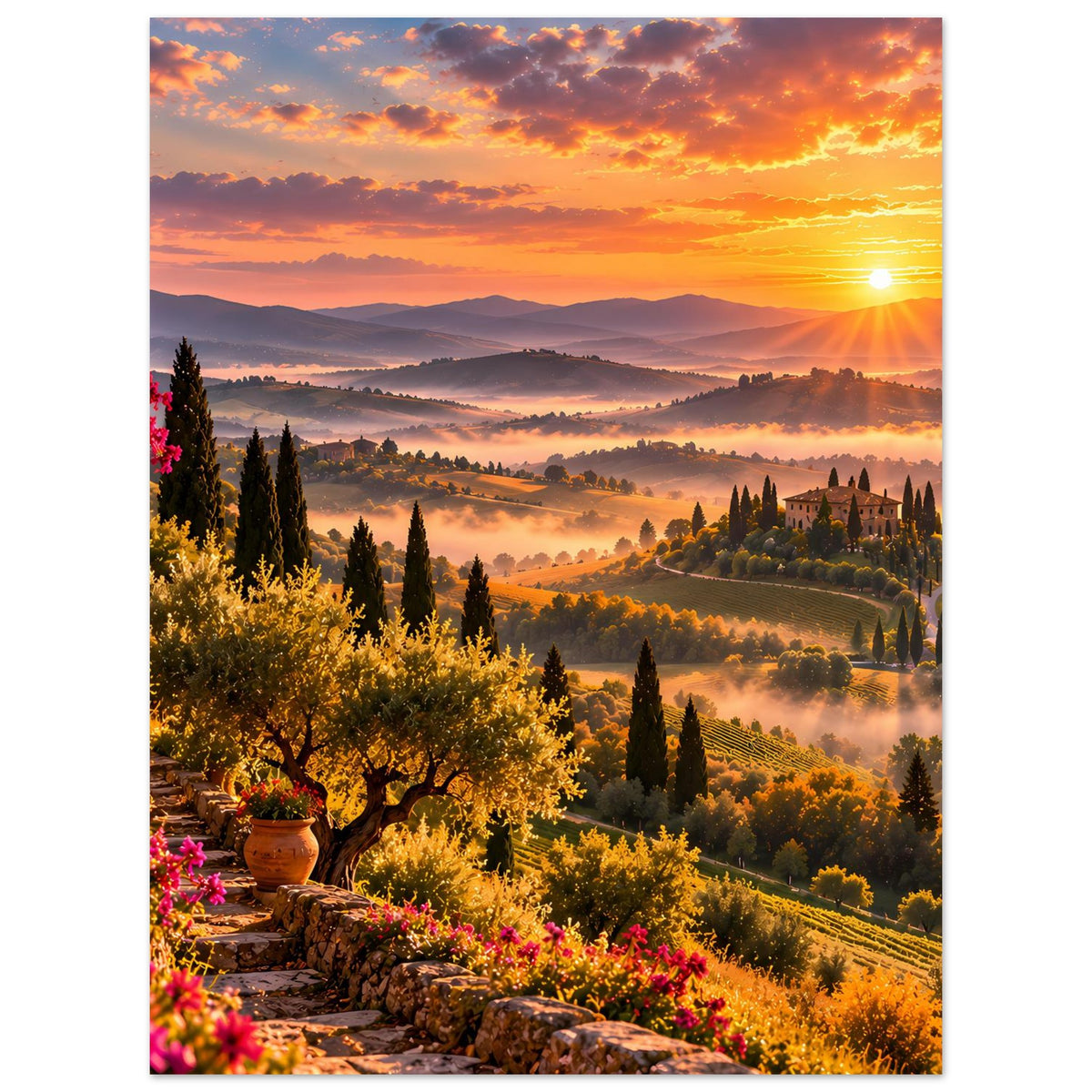 Poster mit toskanischer Landschaft bei Sonnenuntergang, Zypressen, blühende Büsche und warmes Licht