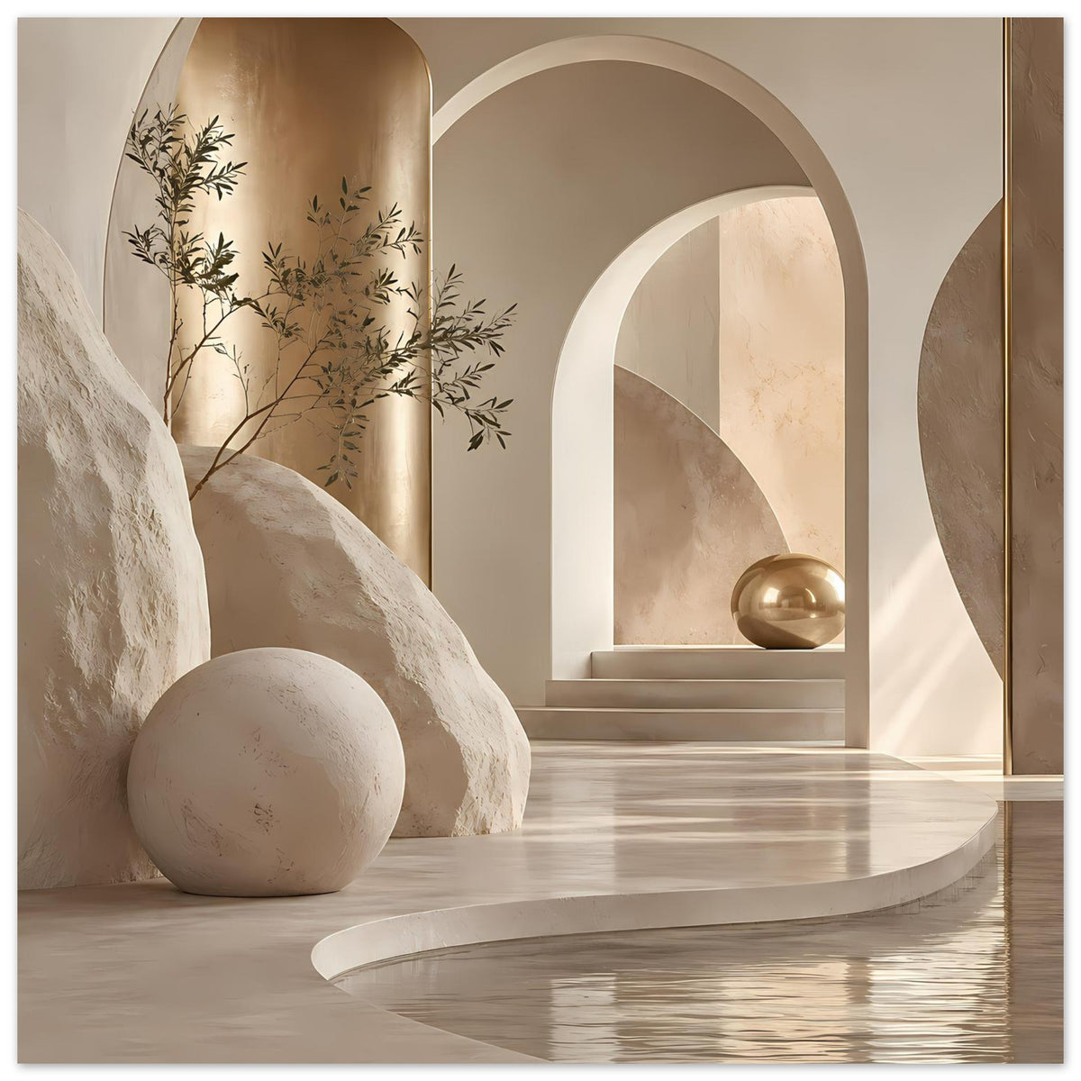Architekturposter mit Rundbögen, warmen Sand- und Goldtönen, goldfarbener Kugel rechts