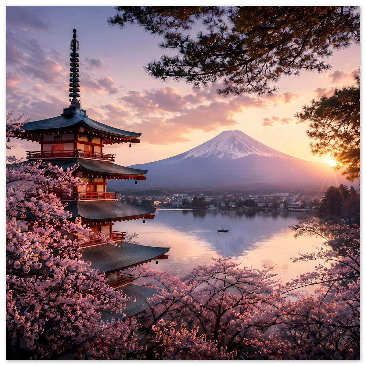 Japanisches Pagoden- und Fuji-Bergposter mit Kirschblütenvordergrund und ruhigem See