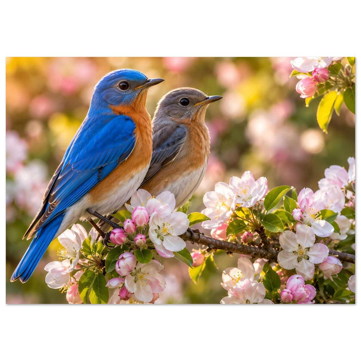 Poster: Zwei Vögel auf Ast mit rosa Blüten, dekorativer Blütenkranz unten