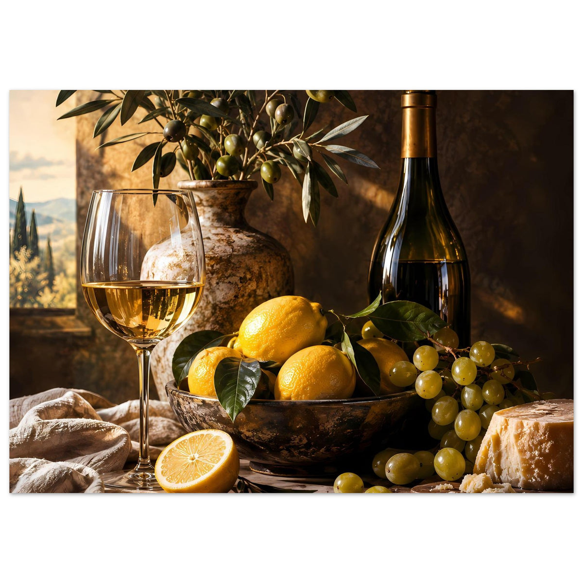 Poster mit Stillleben aus Wein, Zitrusfrüchten und Trauben; Schale mit Zitronen und Käse