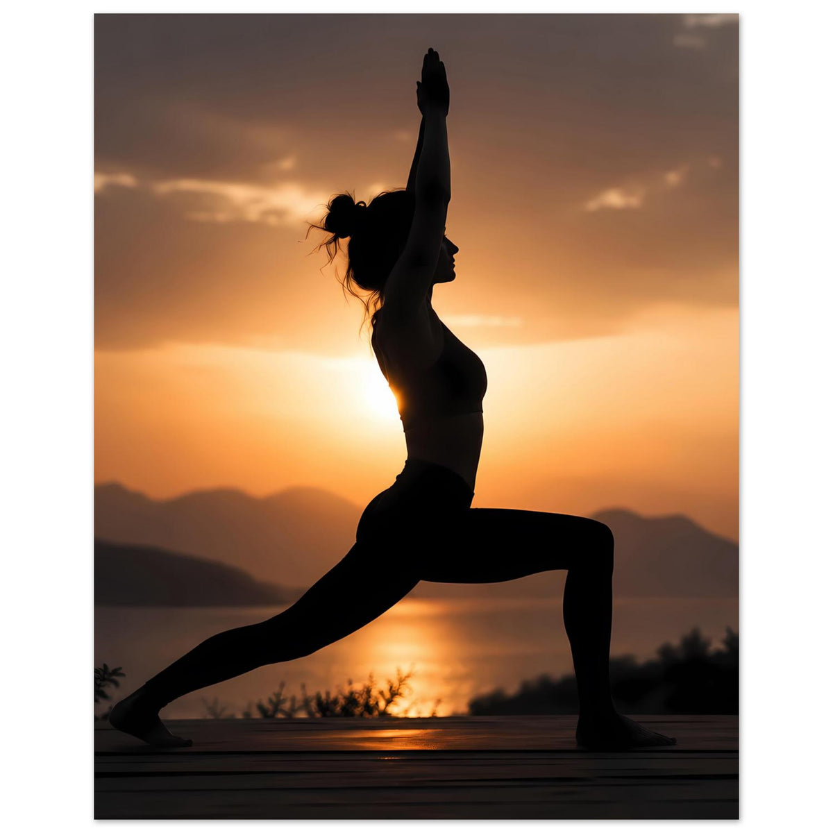 Yoga-Posenposter: Silhouette einer Frau in Ausfallschritt, vollständig sichtbare Ganzkörperpose