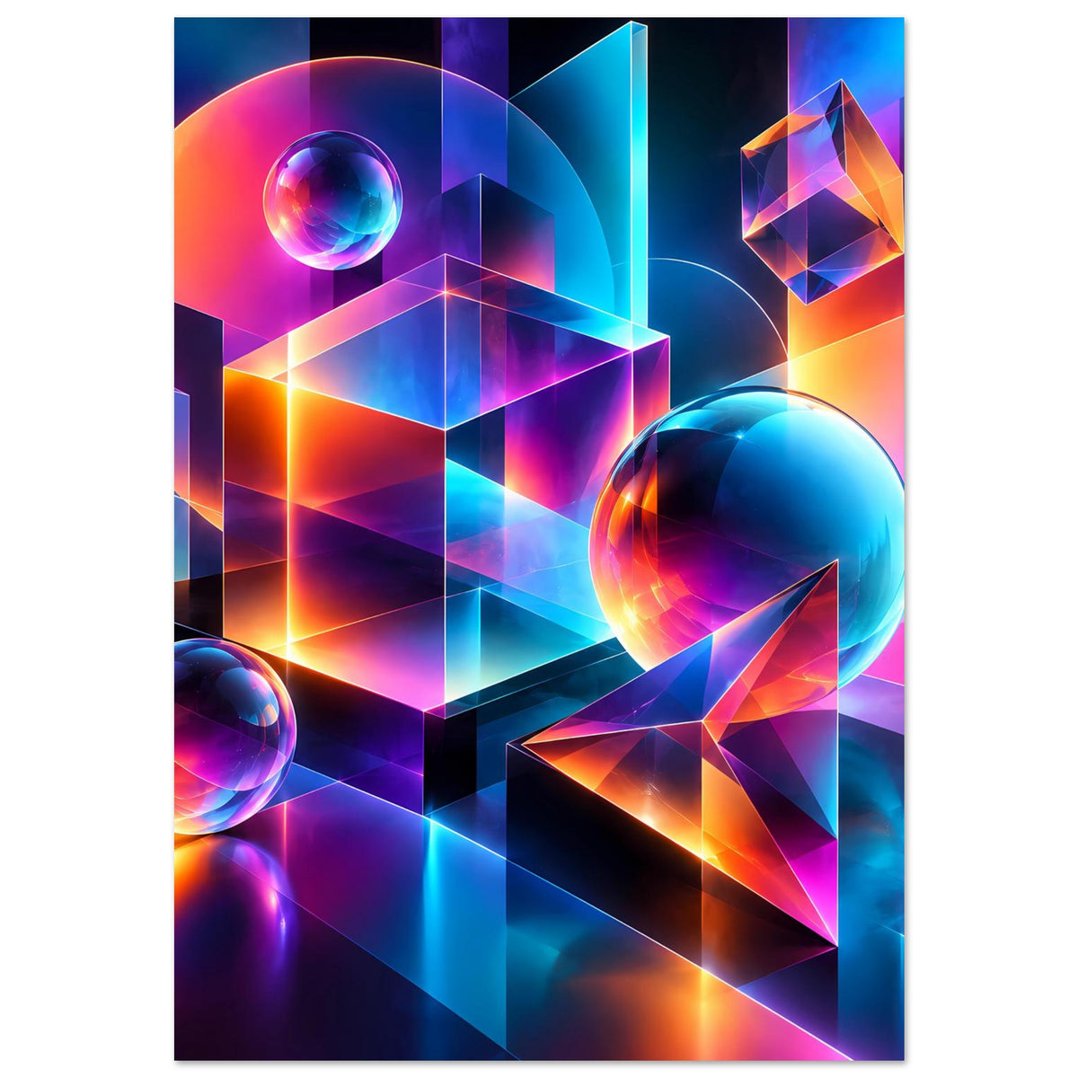 Neon-Geometrie-Poster mit großen Kugeln und schwebenden 3D-Würfeln, leuchtende Farbflächen