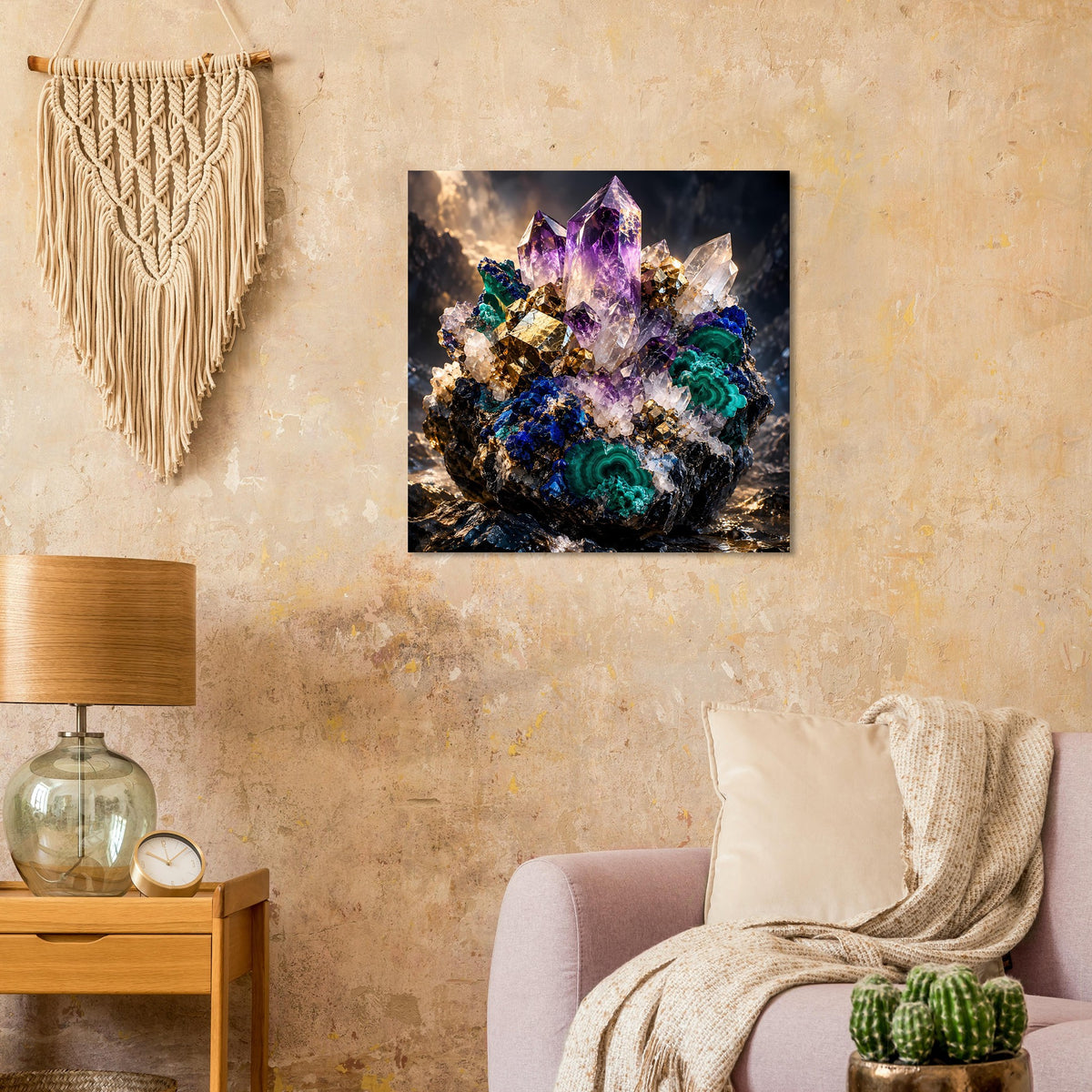 Quadratisches Kristallposter mit violettem Kristallkern und grün-blauem Malachit-Glanz