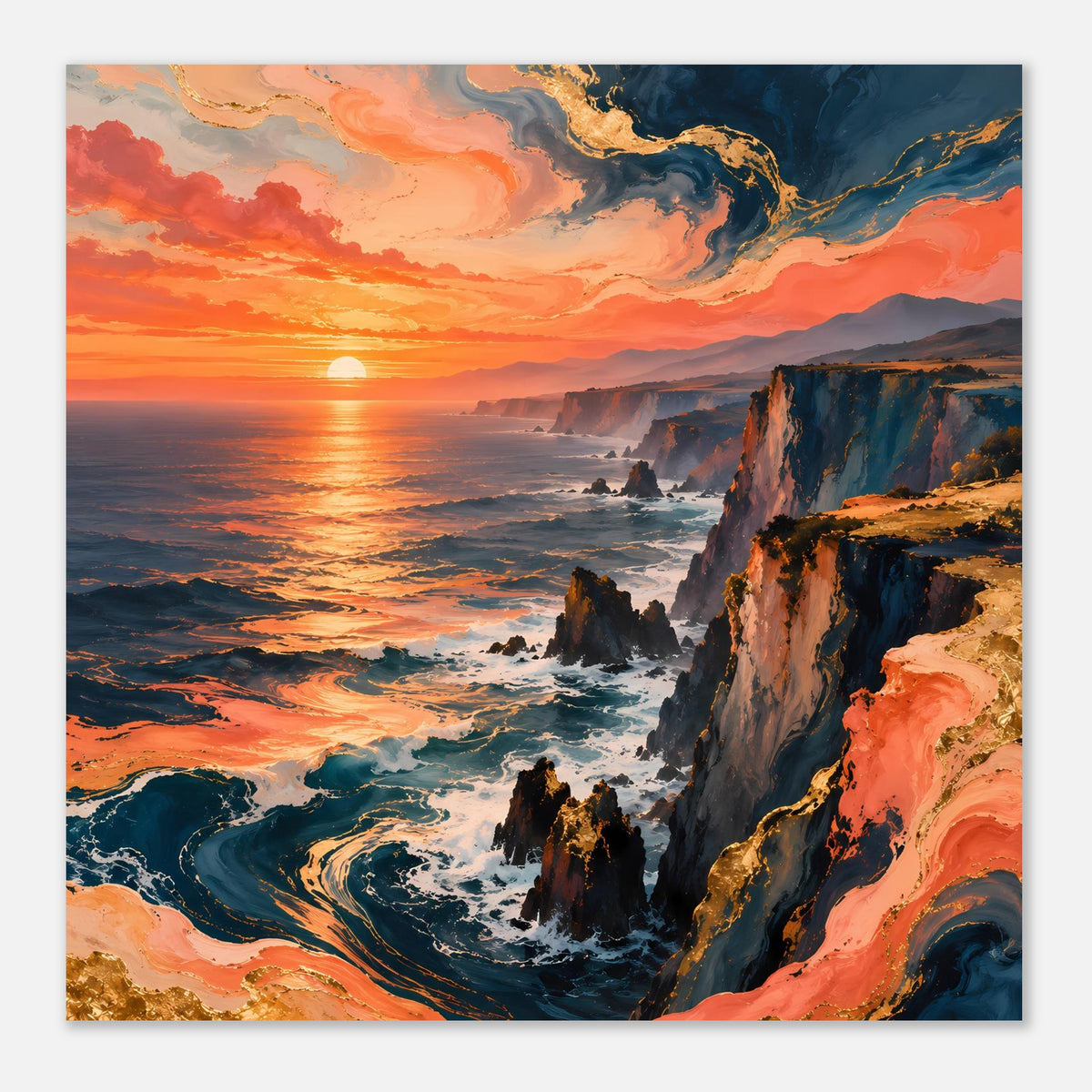 Poster im Querformat mit Steilküste bei Sonnenuntergang, orangefarbene Wolken und blaue See