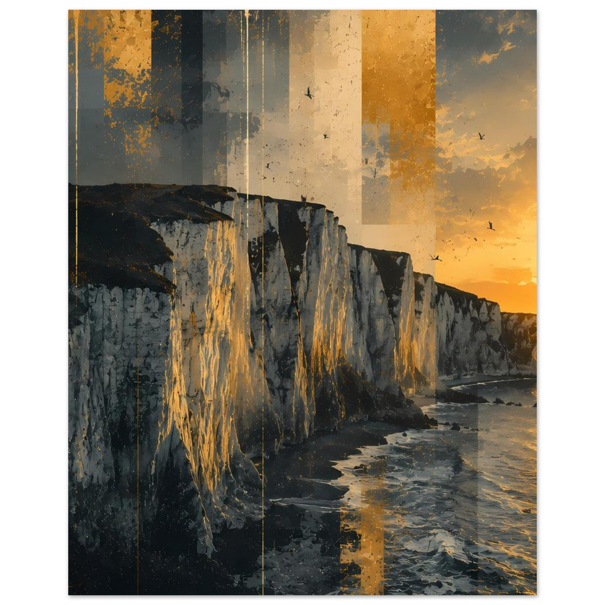 Vertikales Poster mit Küstenfelsen, goldenen Lichtstreifen, Strand und Wasser