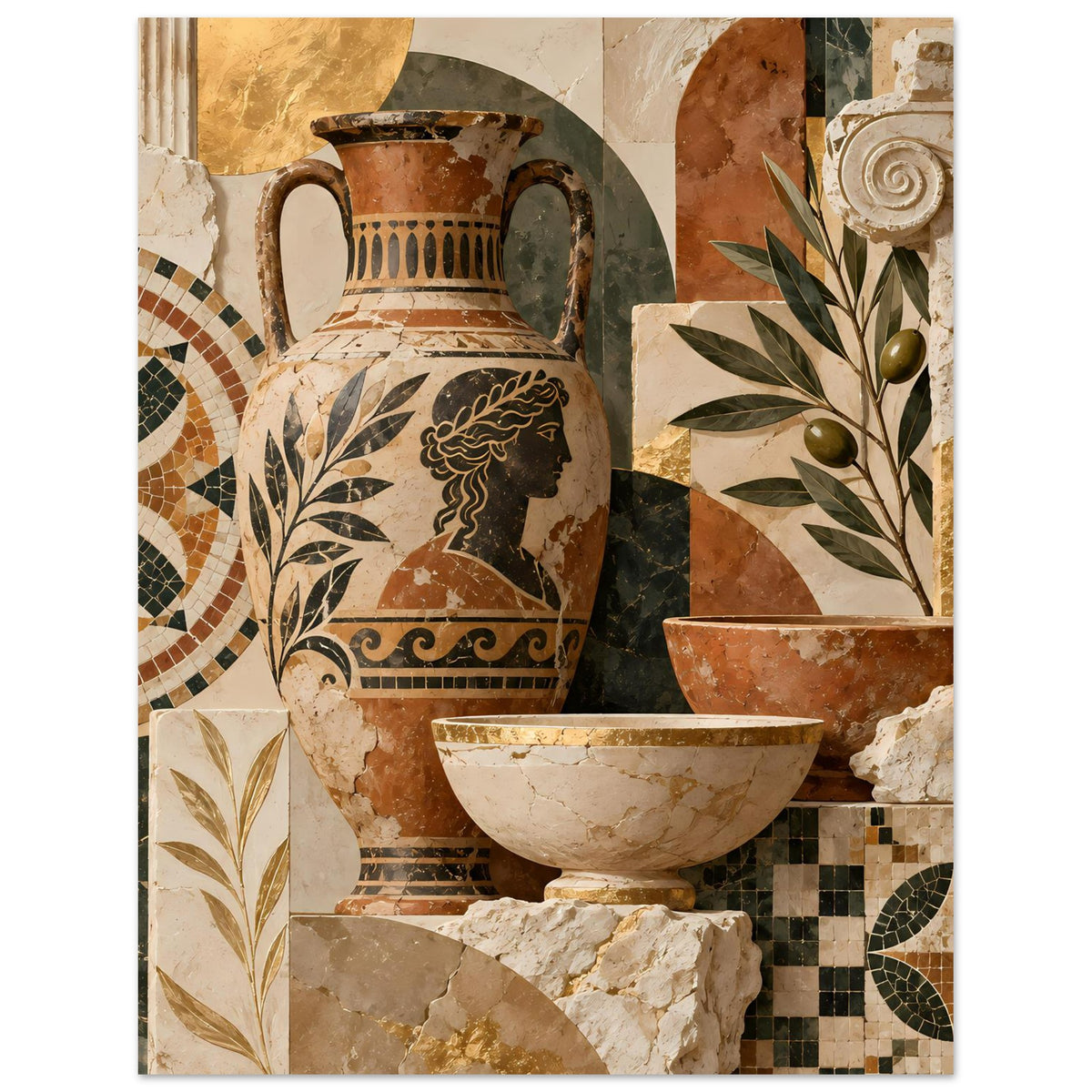 Mediterranes Mosaik-Poster: Nahansicht von Amphore, Schüssel und Blätterranken im Detail