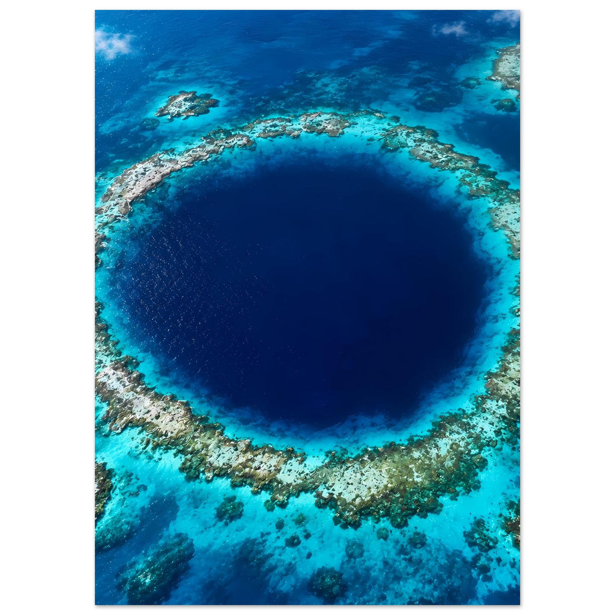 Meerposter (hochformat) mit rundem Tiefsee-Trichter und Korallenring in Blau