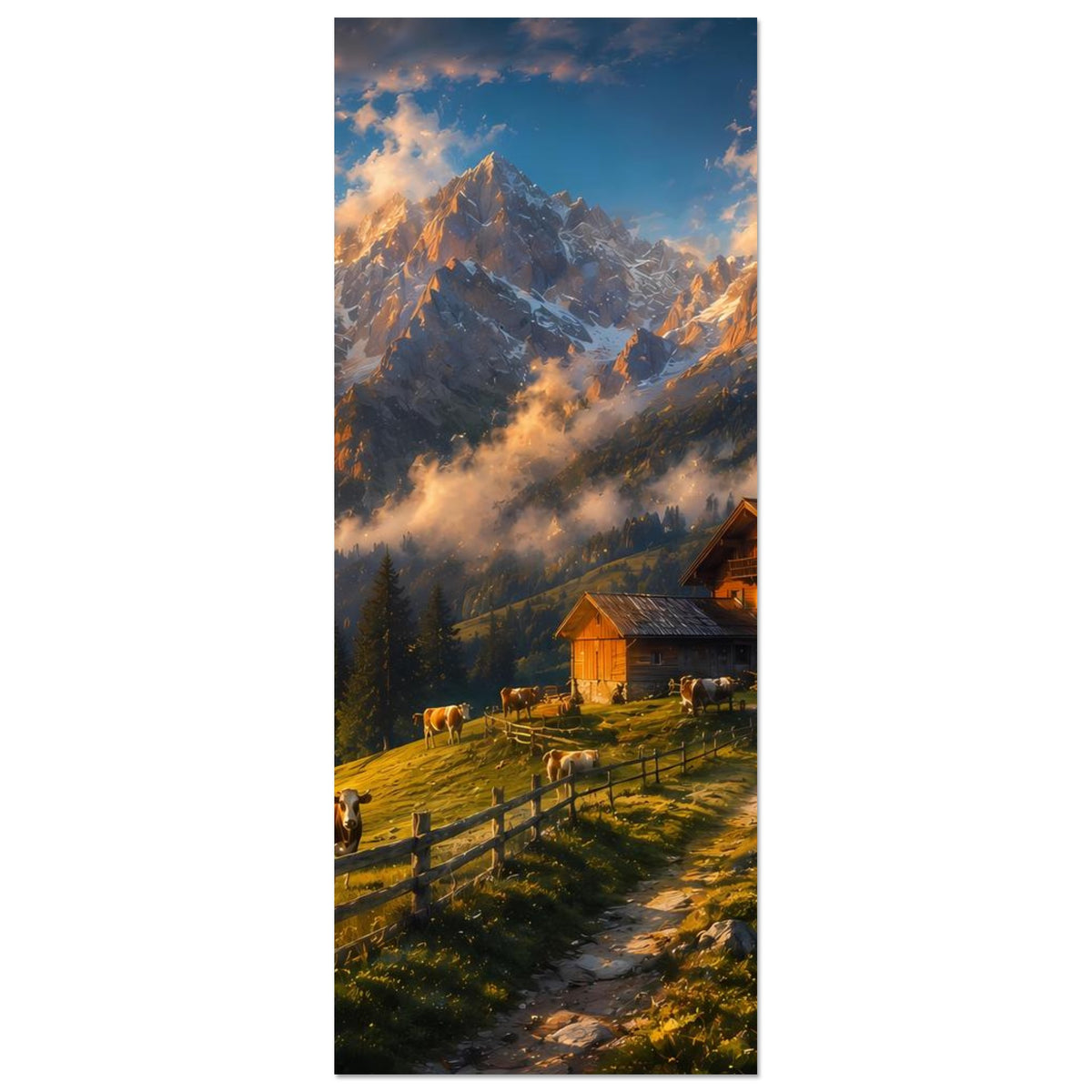 Hochformat-Poster mit Almhütte, Kühen auf der Wiese und Bergpanorama im Abendlicht
