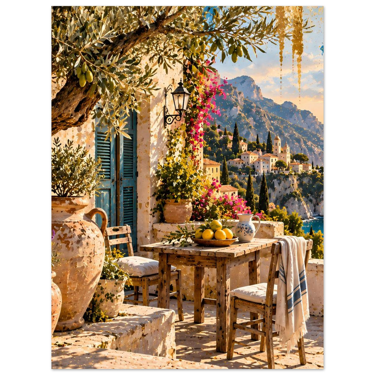 Küstenposter mit Tisch und Stühlen, Töpfen, Blumen und Blick auf Berge und Meer