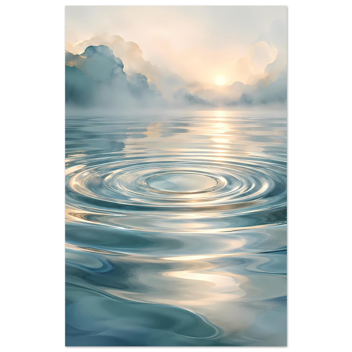 Wandposter mit kreisenden Wasserwellen, Sonnenlicht auf der See und weichen Wolken