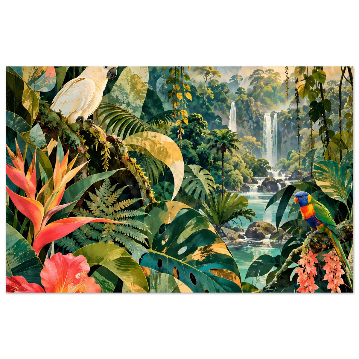 Poster mit Papageien im Dschungel, Farnblätter, Wasserfall und leuchtenden Farben