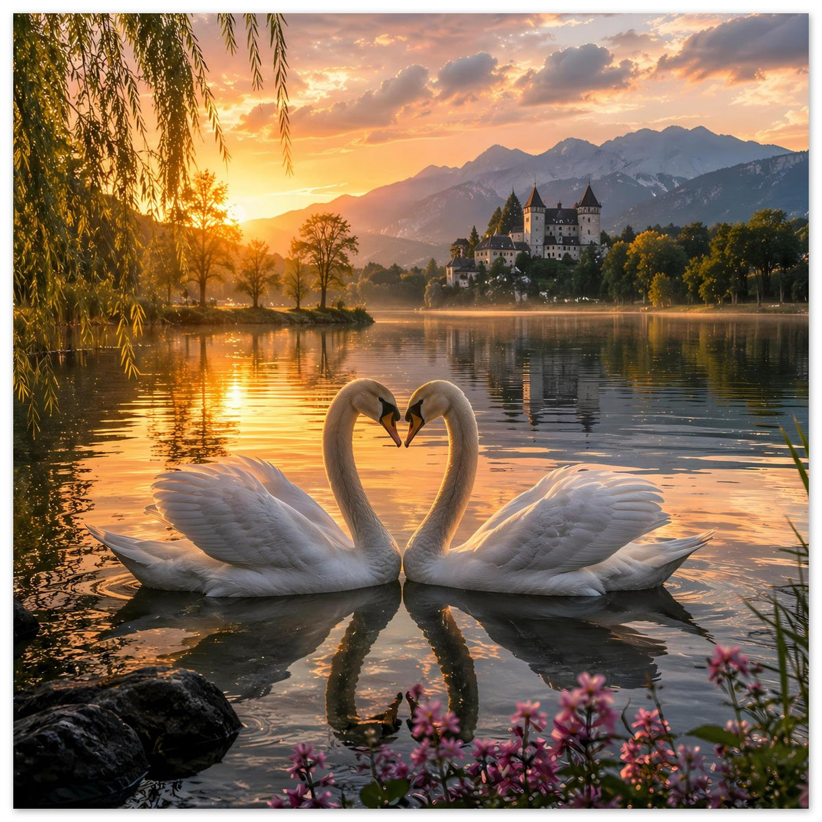 Poster mit zwei Schwänen, Herzform in der Mitte, Sonnenuntergang, Blumenstrauß im Vordergrund