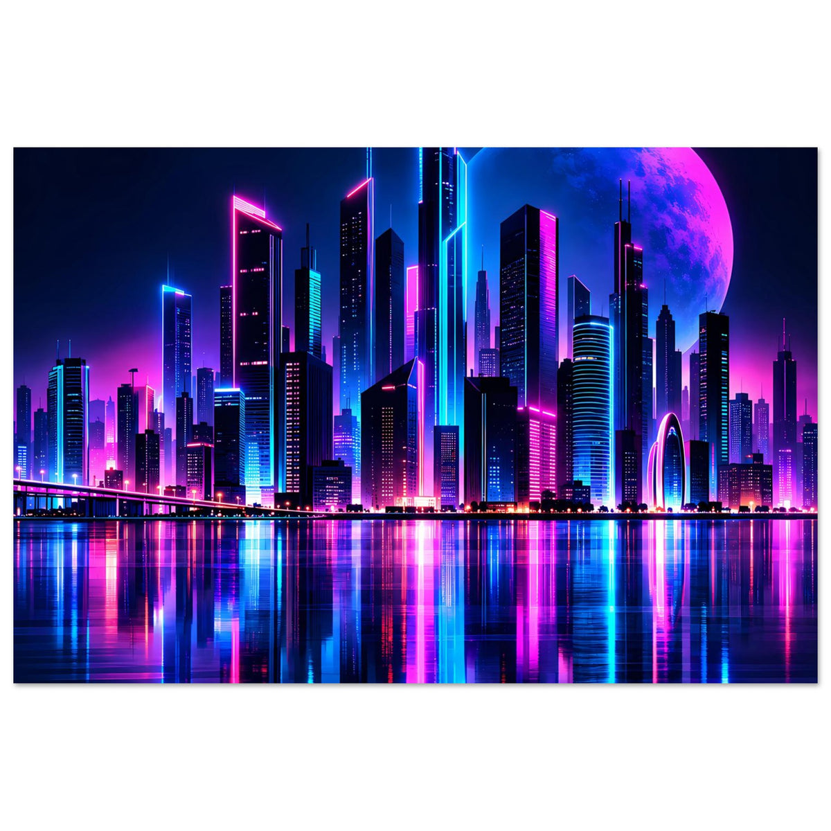 Neon-Stadtlandschaft-Poster mit blauem Mond, leuchtenden Hochhäusern und farbiger Wasserreflexion