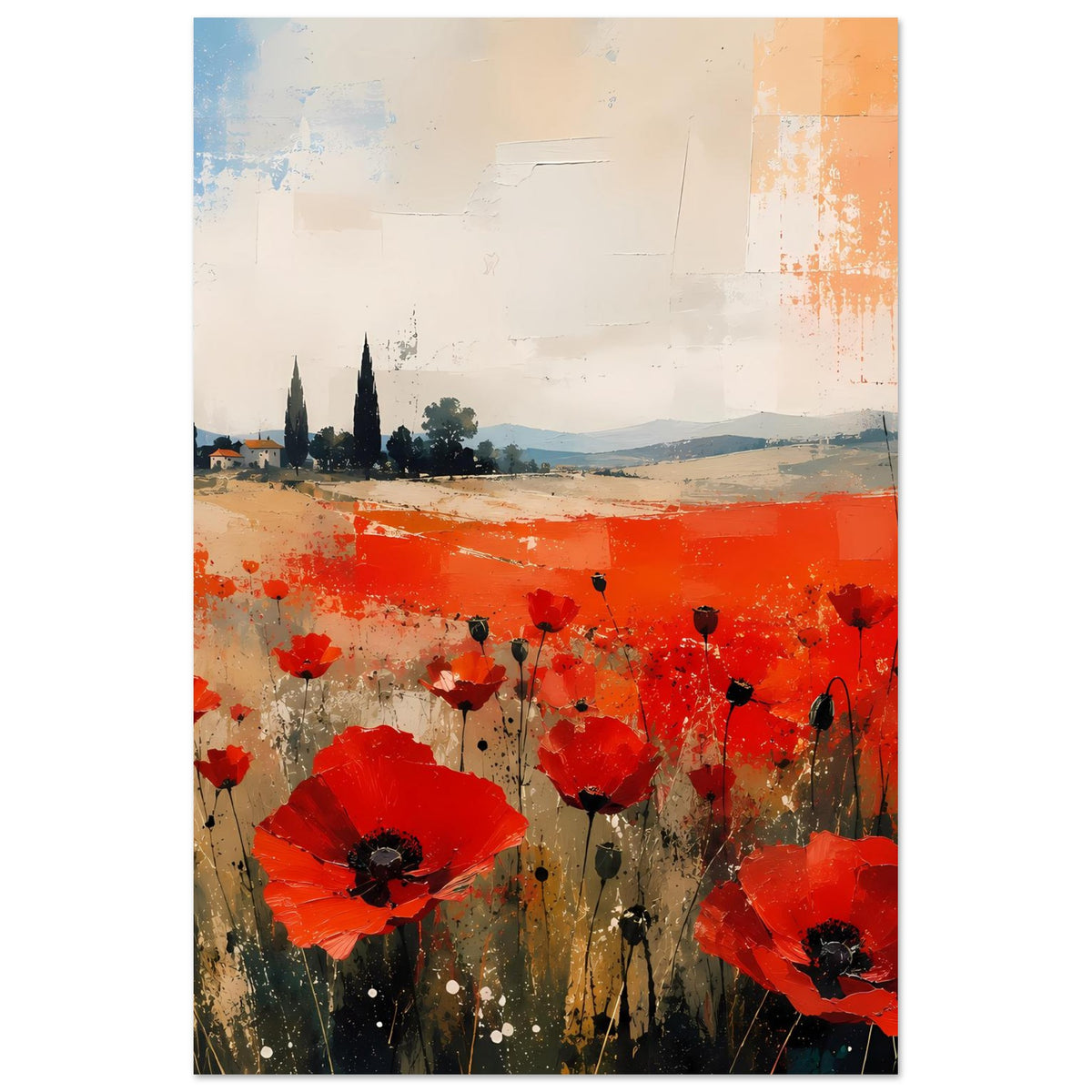 Poster mit leuchtend roten Mohnblumen, abstrakte Wiesen-Texturen und Hügellandschaft