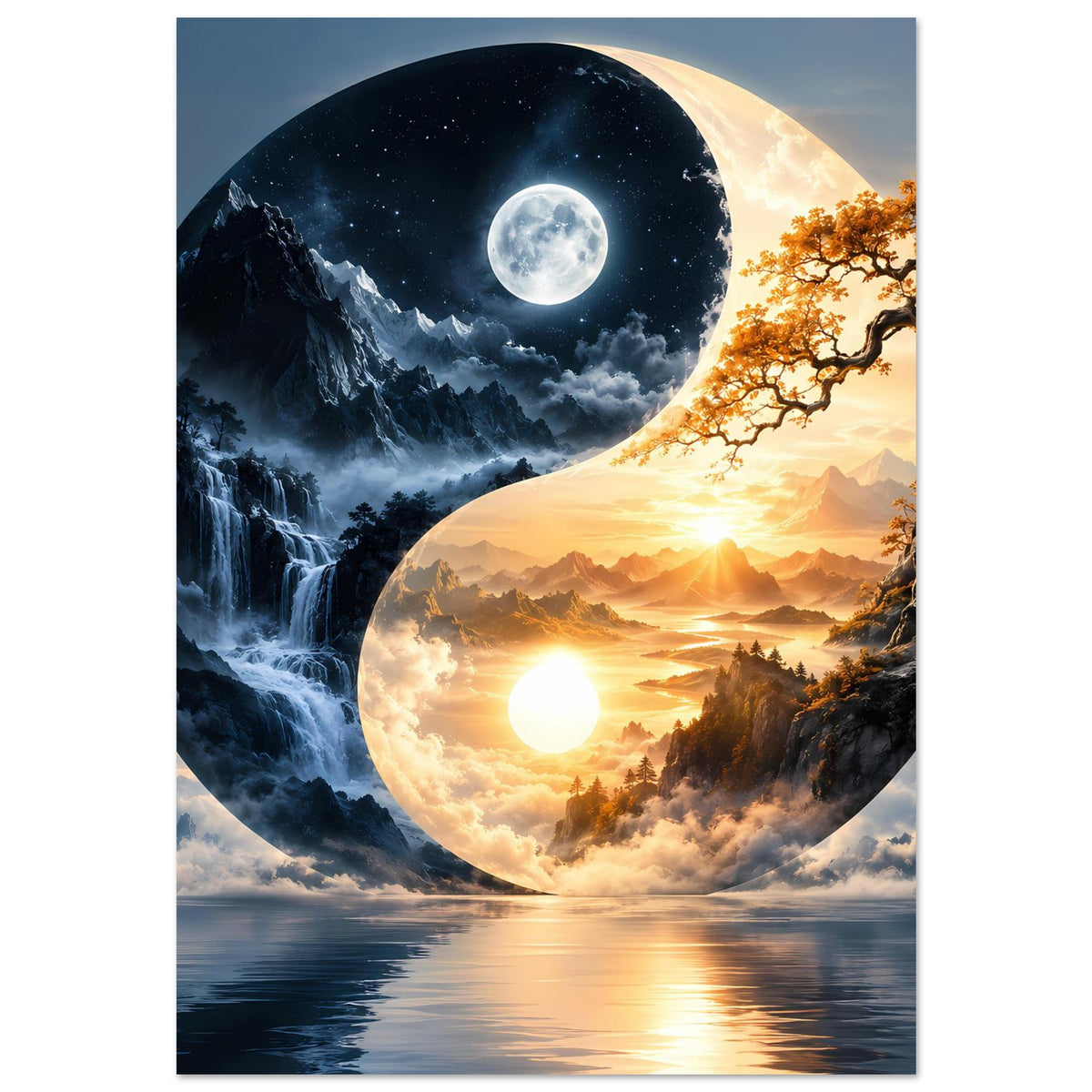 Poster mit Yin-Yang Landschaft: schwarze Mondseite und helle Sonnenseite mit See und Wolken