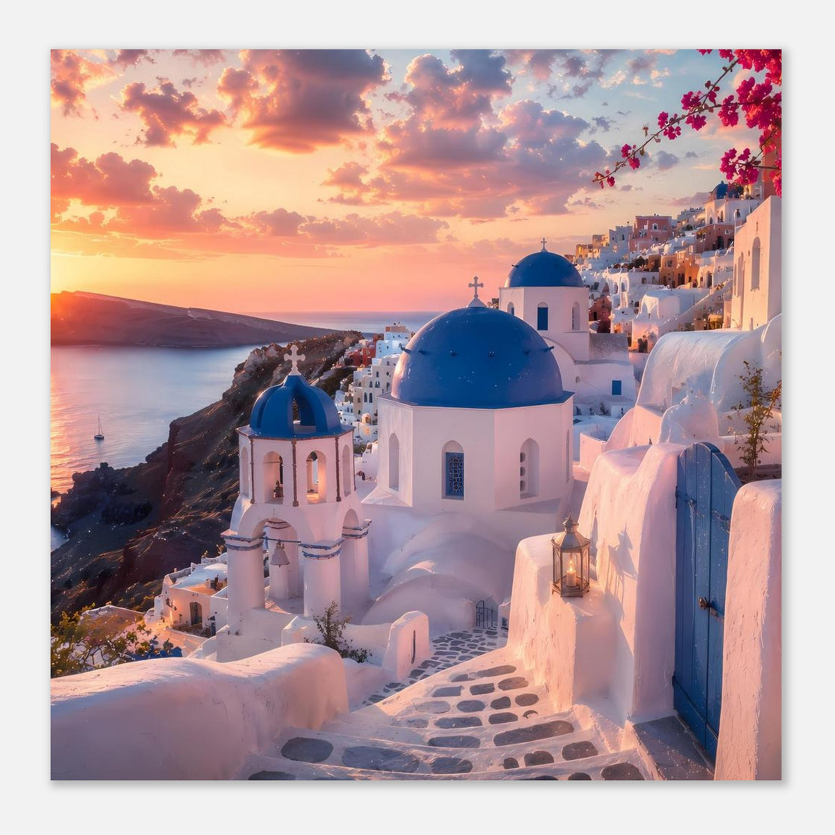 Wandposter mit Santorini-Motiv: große blaue Kuppel und weißblaue Häuser bei Sonnenuntergang