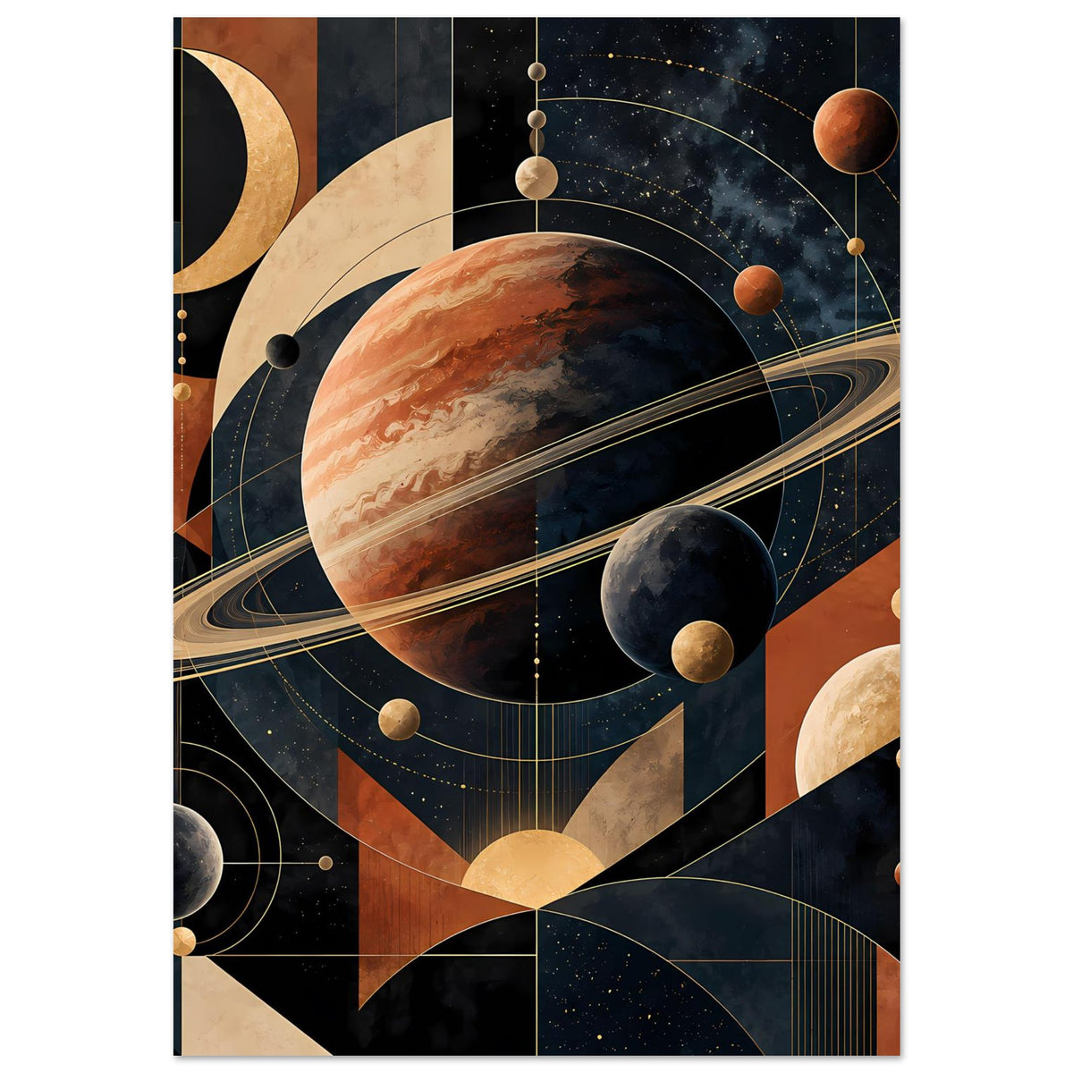 Poster mit Planet und Ring, diagonalen Rechtecken sowie goldenen Kreisen und Punkten im Kosmos-Look