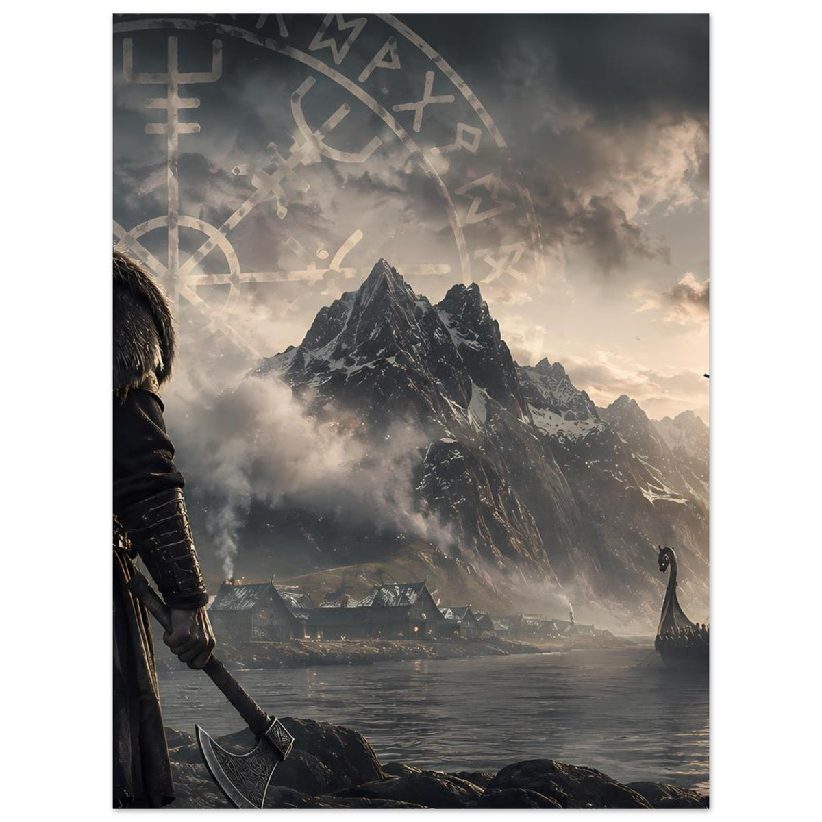 Wikingerposter mit Runenbogen, sitzendem Krieger links, Fjord, Bergen und Langschiff