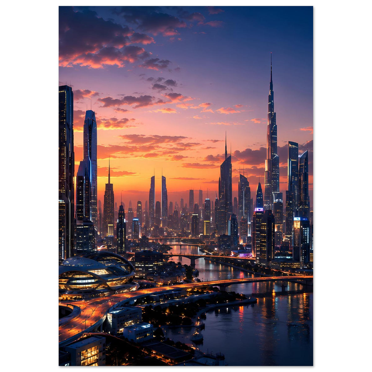 Poster mit Skyline bei Sonnenuntergang und Hochhäusern, Vertikalformat