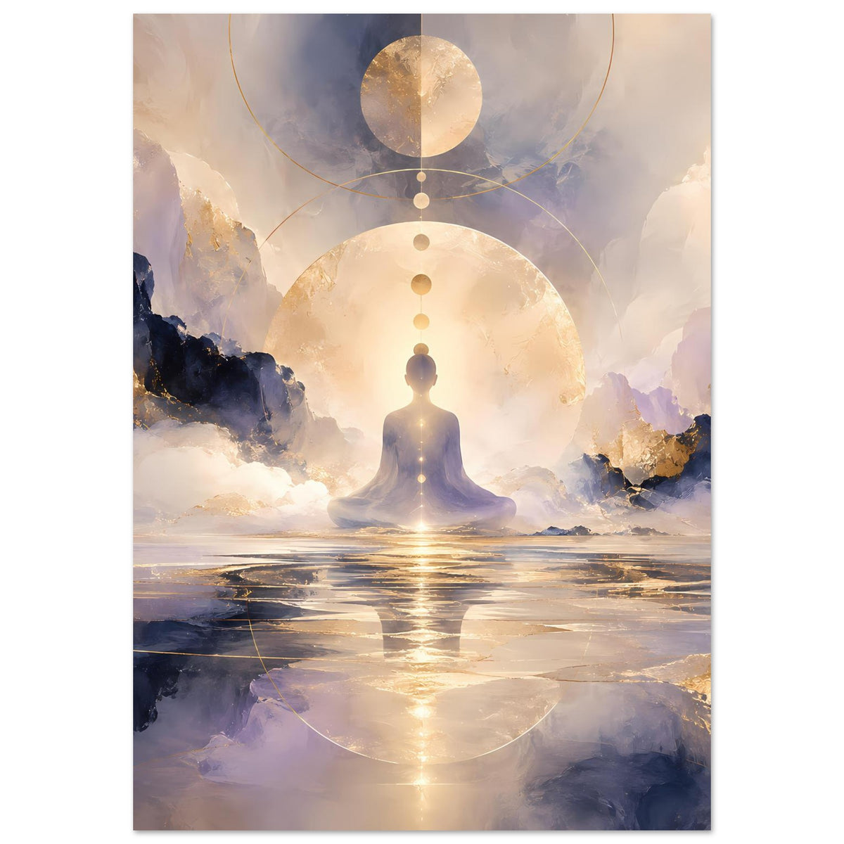 Poster im Hochformat: Meditationsfigur vor goldener Lichtscheibe, Wasser und Nebelwolken