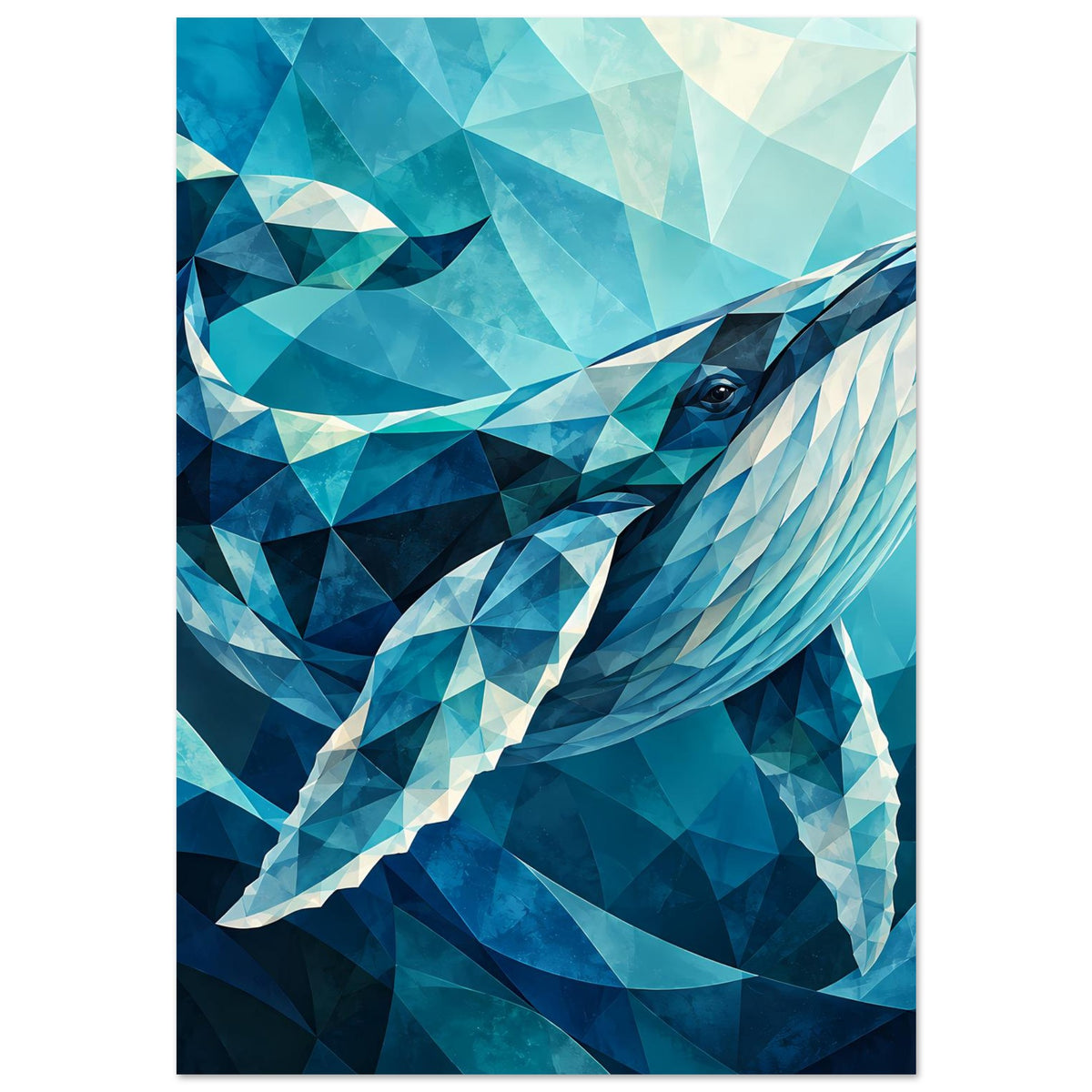 Geometrisches Blauwal-Poster mit Dreiecksflächen, Walkopf rechts und breite Flosse.