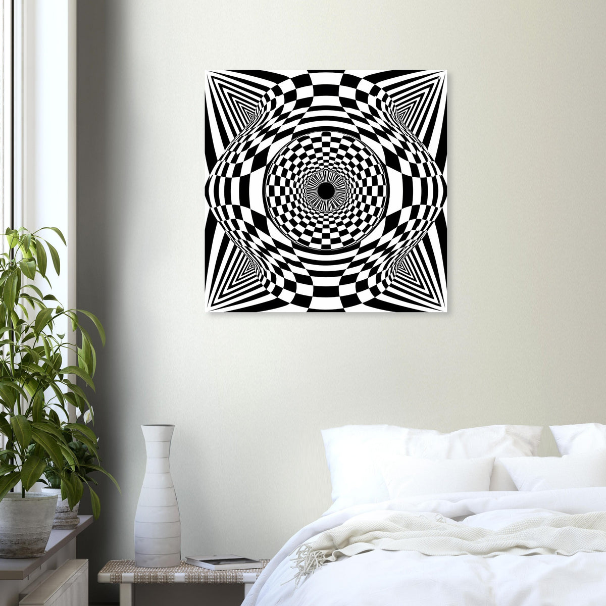 Quadratisches Wandposter mit schwarz-weißem Schachbrettkreis, konzentrischen Musterringen.