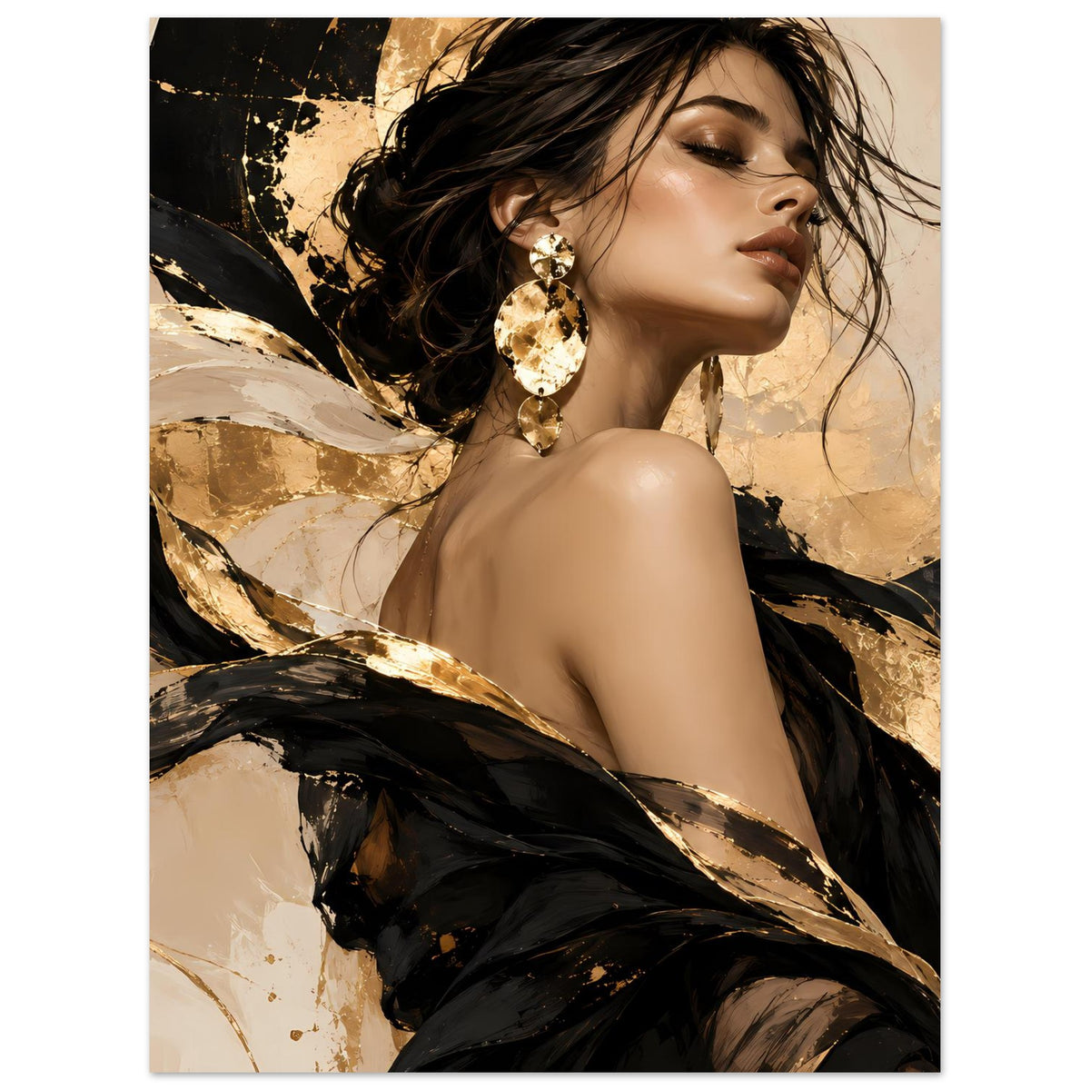 Poster mit Damenporträt: goldene Ohrringe, schwarze Haare, dunkles Kleid, goldene Akzentflächen