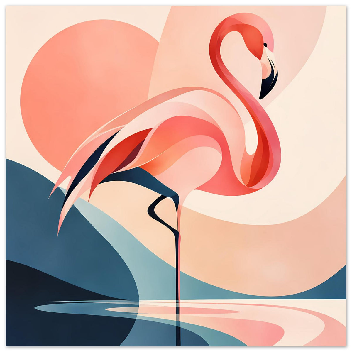 Kunstdruck mit abstraktem Flamingo, Koralle, Beige und Blau, stilisierte Sonnenuntergangsformen