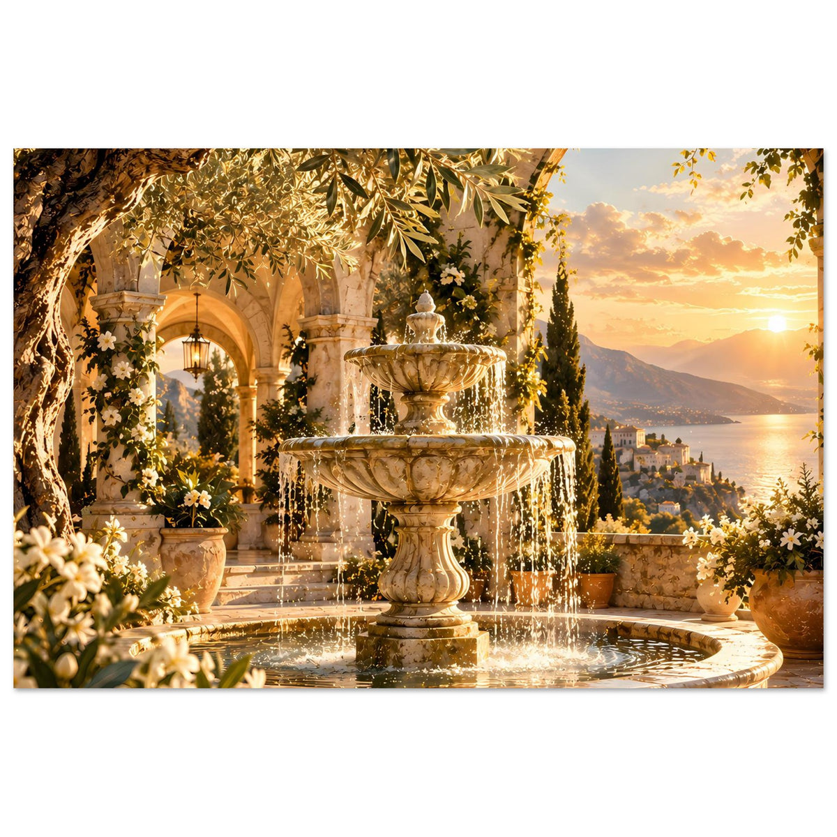 Poster im Querformat: Springbrunnen mit sprühendem Wasser, mediterrane Umgebung und Abendsonne