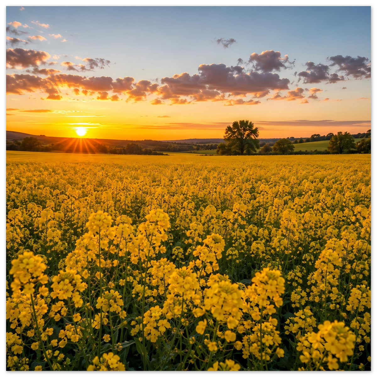 Landschaftsposter mit gelbem Rapsfeld und untergehender Sonne über grünen Hügeln