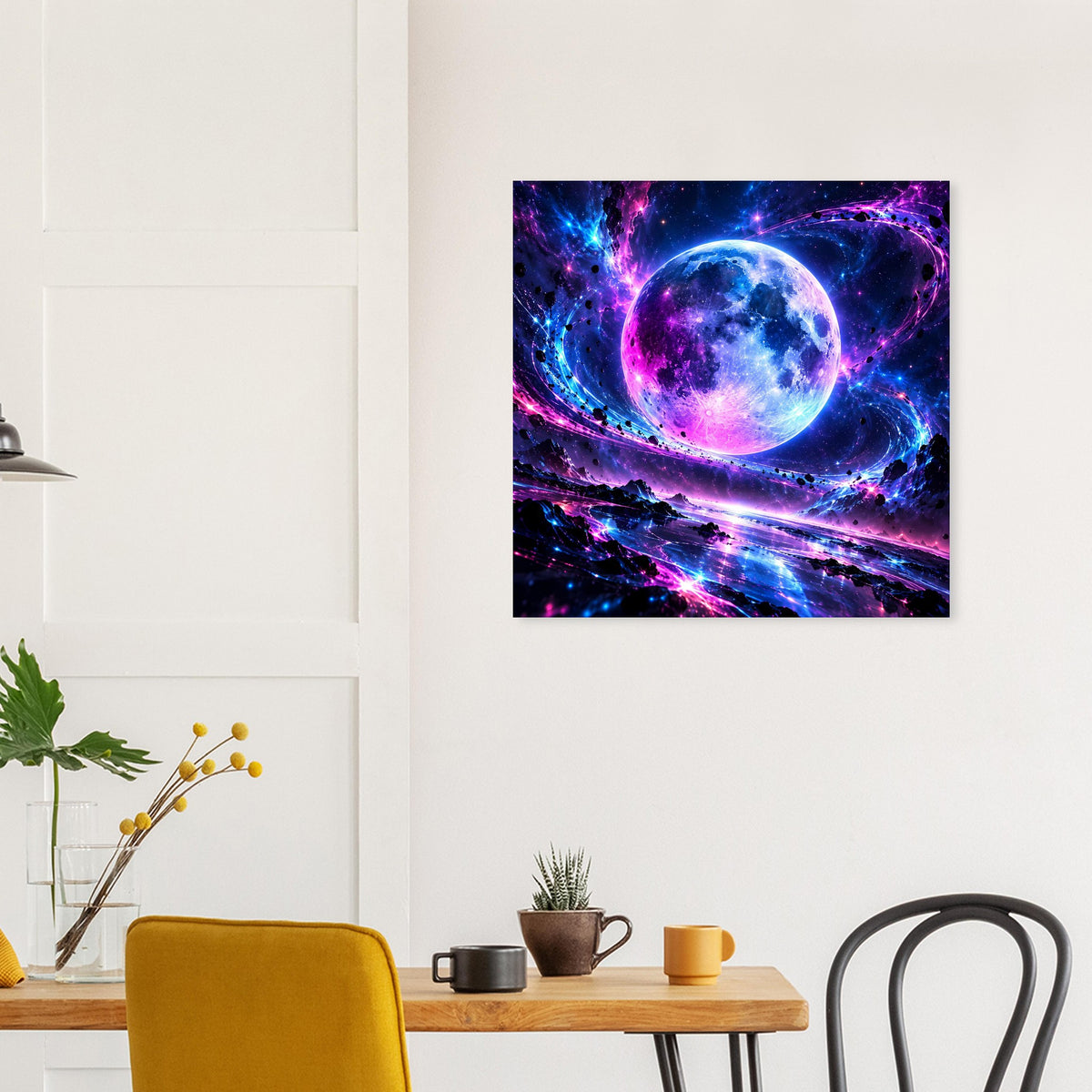 Quadratisches Galaxie-Poster mit leuchtender Kugel und Sternenstrahlen in Blau/Violett