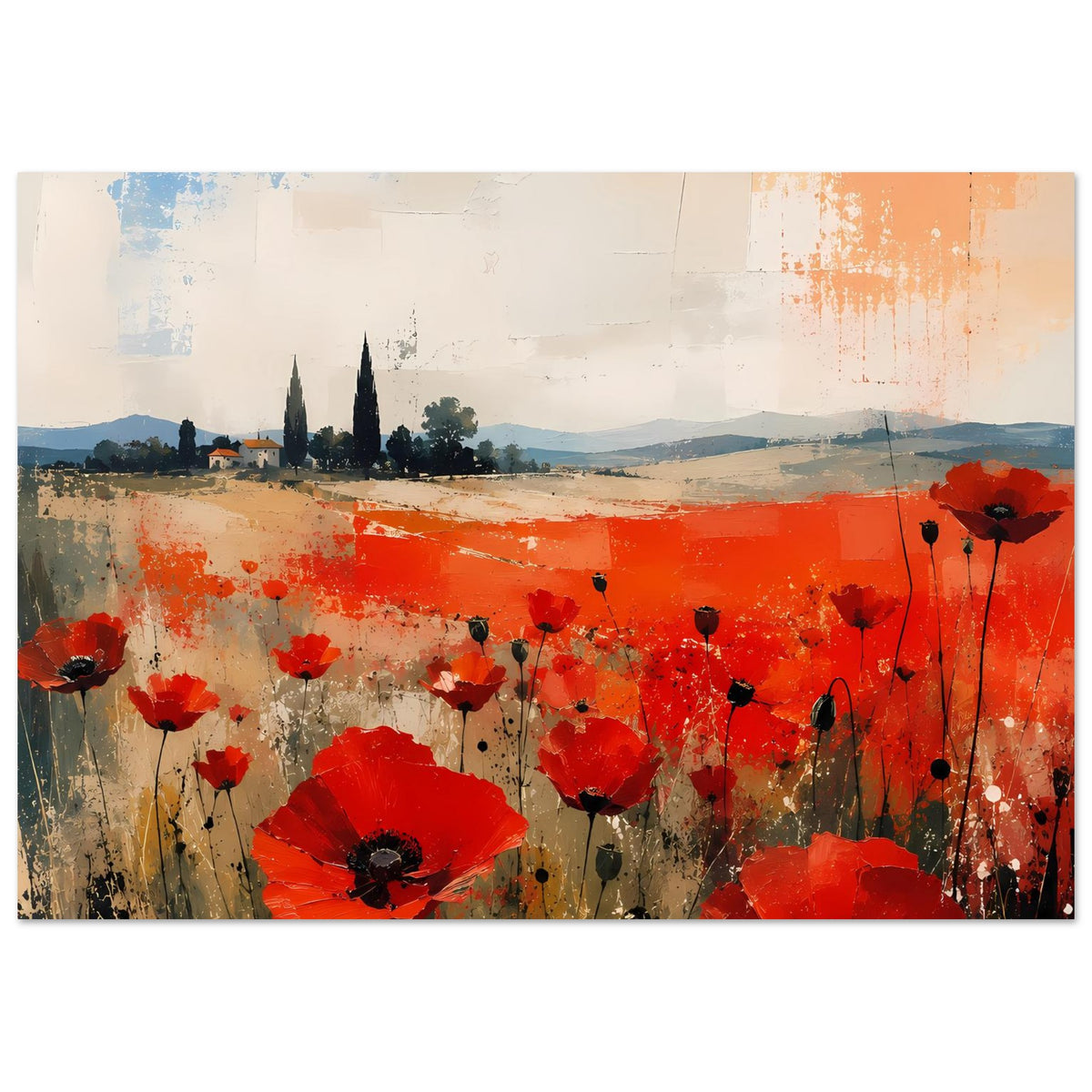 Poster mit roten Mohnblumen und abstrakter Landschaft, Pastellfarben oben und kräftiges Rot unten
