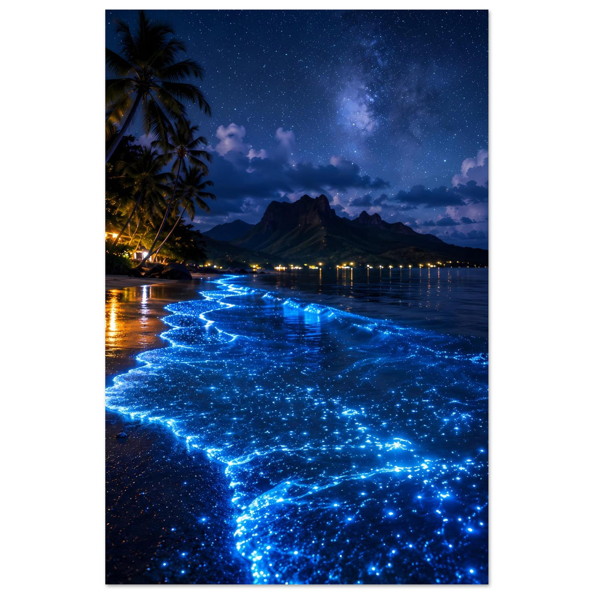 Nachtmeer-Poster im Hochformat: blau funkelnde See an der Uferlinie bei Nacht