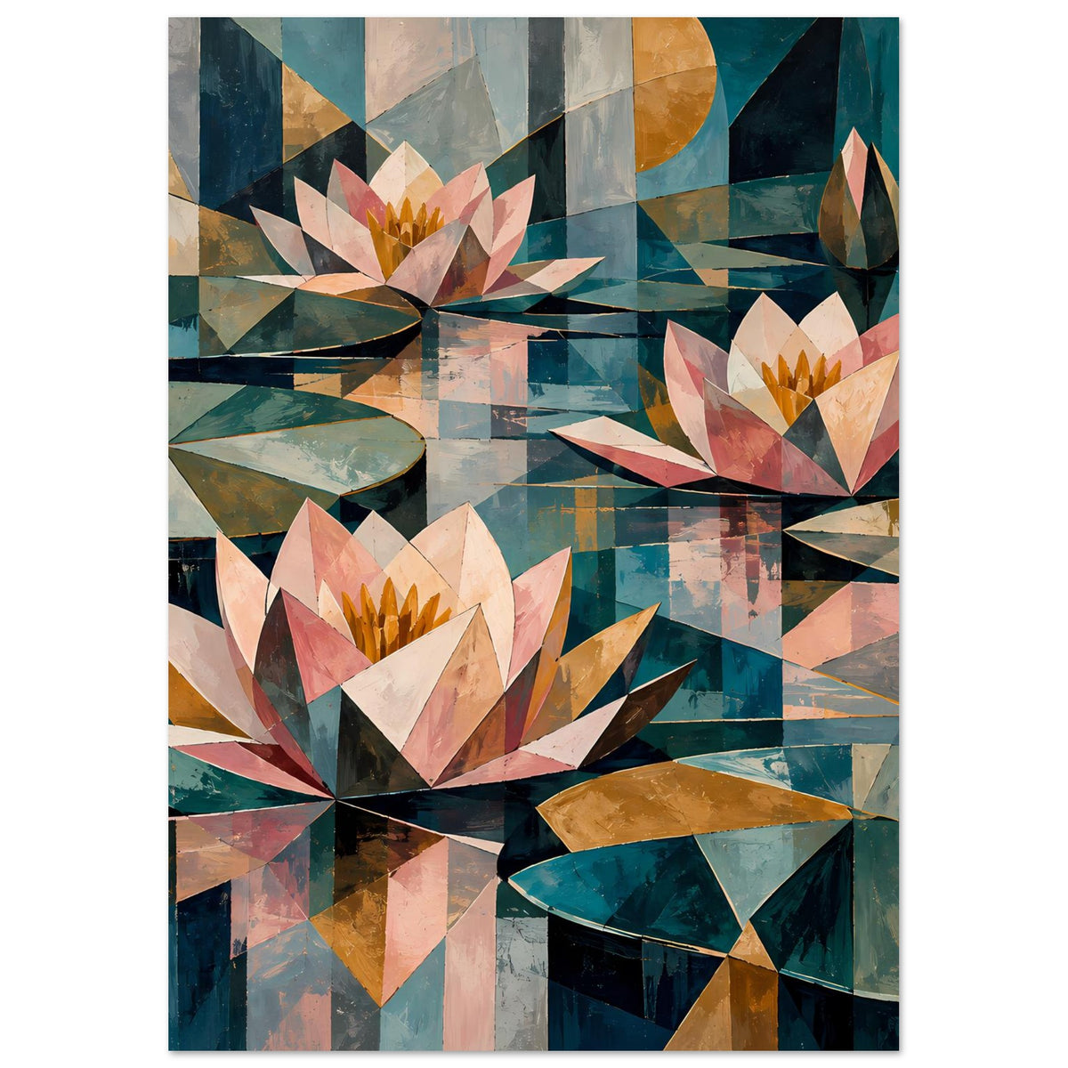 Blumenposter mit geometrischen Seerosen und Tropfenformen in Pastell- und Petrolfarben