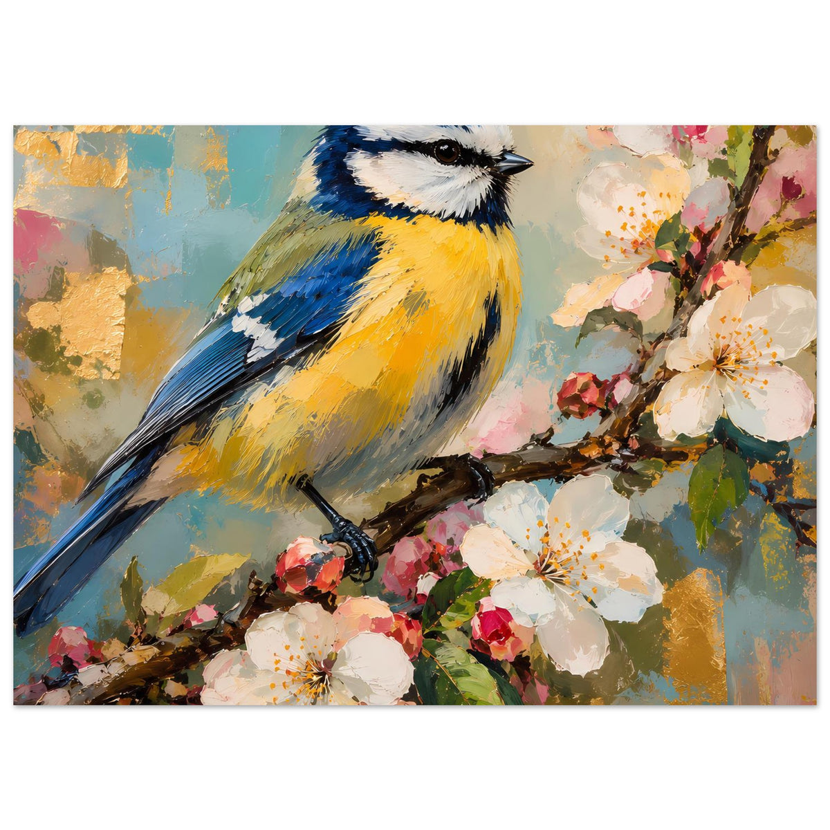 Vogelkunst-Poster: Vogel auf Zweig, umgeben von weißen und rosafarbenen Blüten