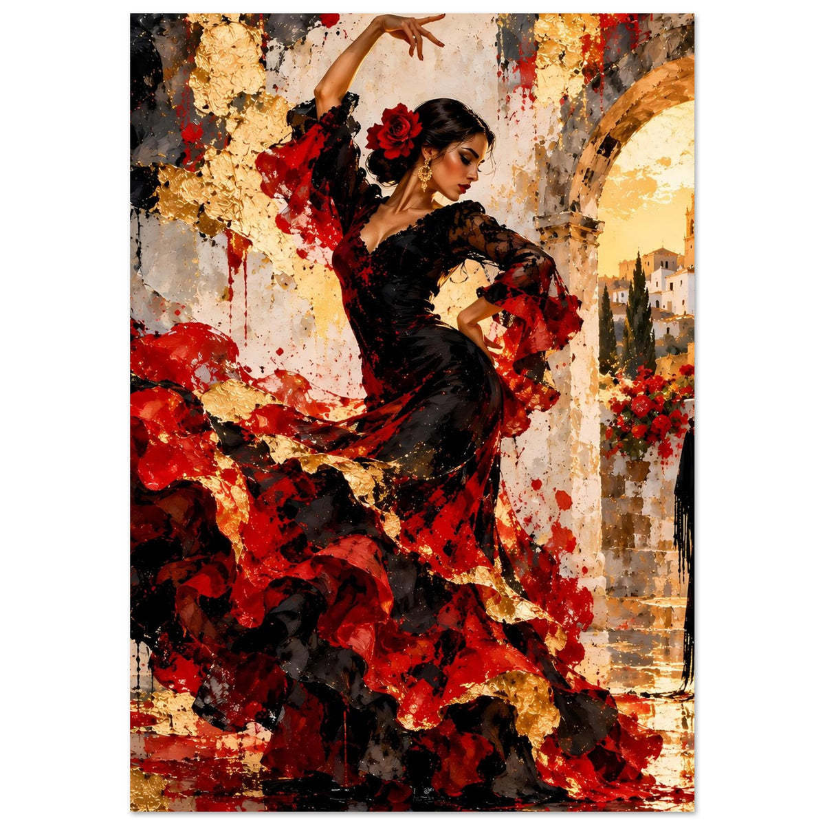 Flamenco-Tänzerin im schwarzen Kleid mit roten Akzenten, erhobene Hand, Profil.
