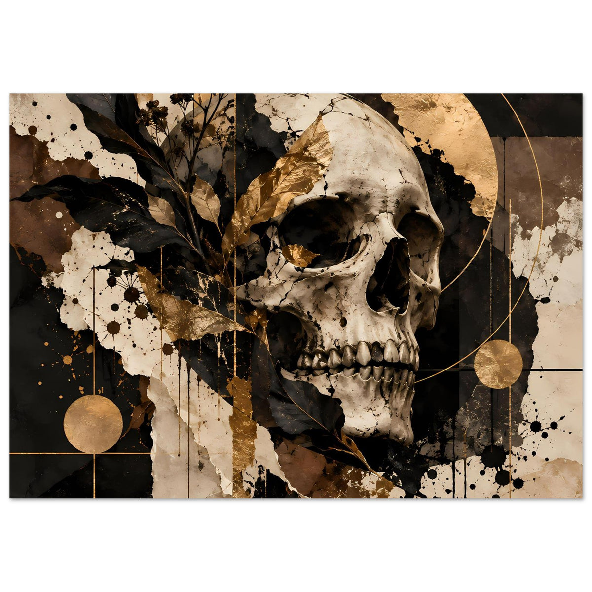 Totenkopf-Artprint in Schwarz und Gold mit goldenen Punkten, Linien und Spritzern