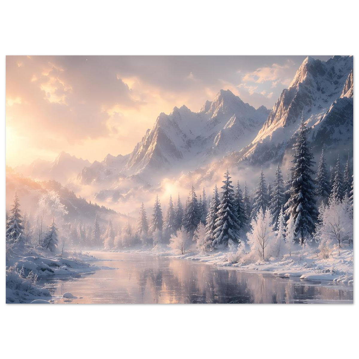 Winterlandschaft-Poster im Querformat: verschneiter Wald mit langen Spiegelungen im stillen Wasser
