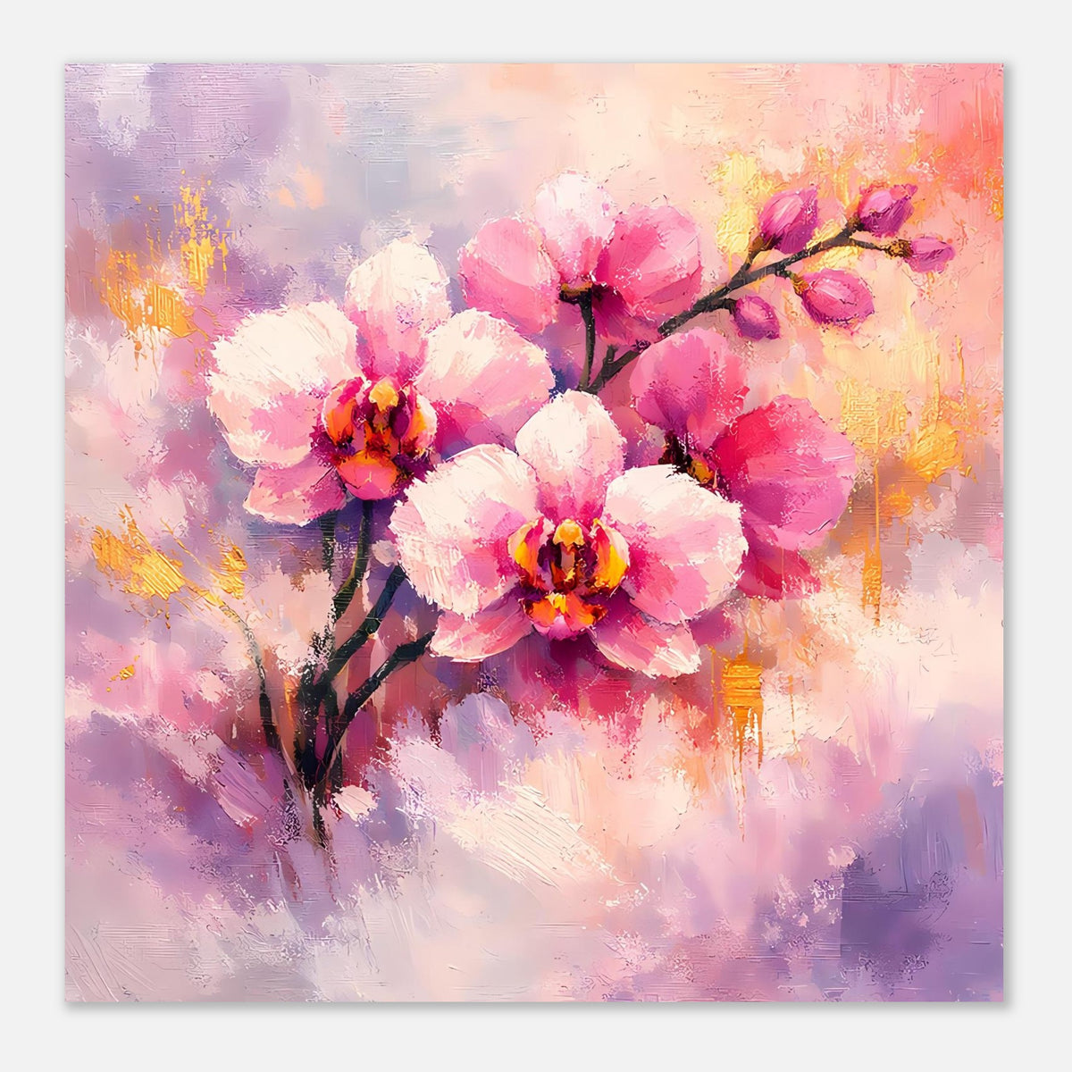 Quadratisches Poster mit pinken und weißen Orchideenblüten auf dunklem Ast, goldene Punkte