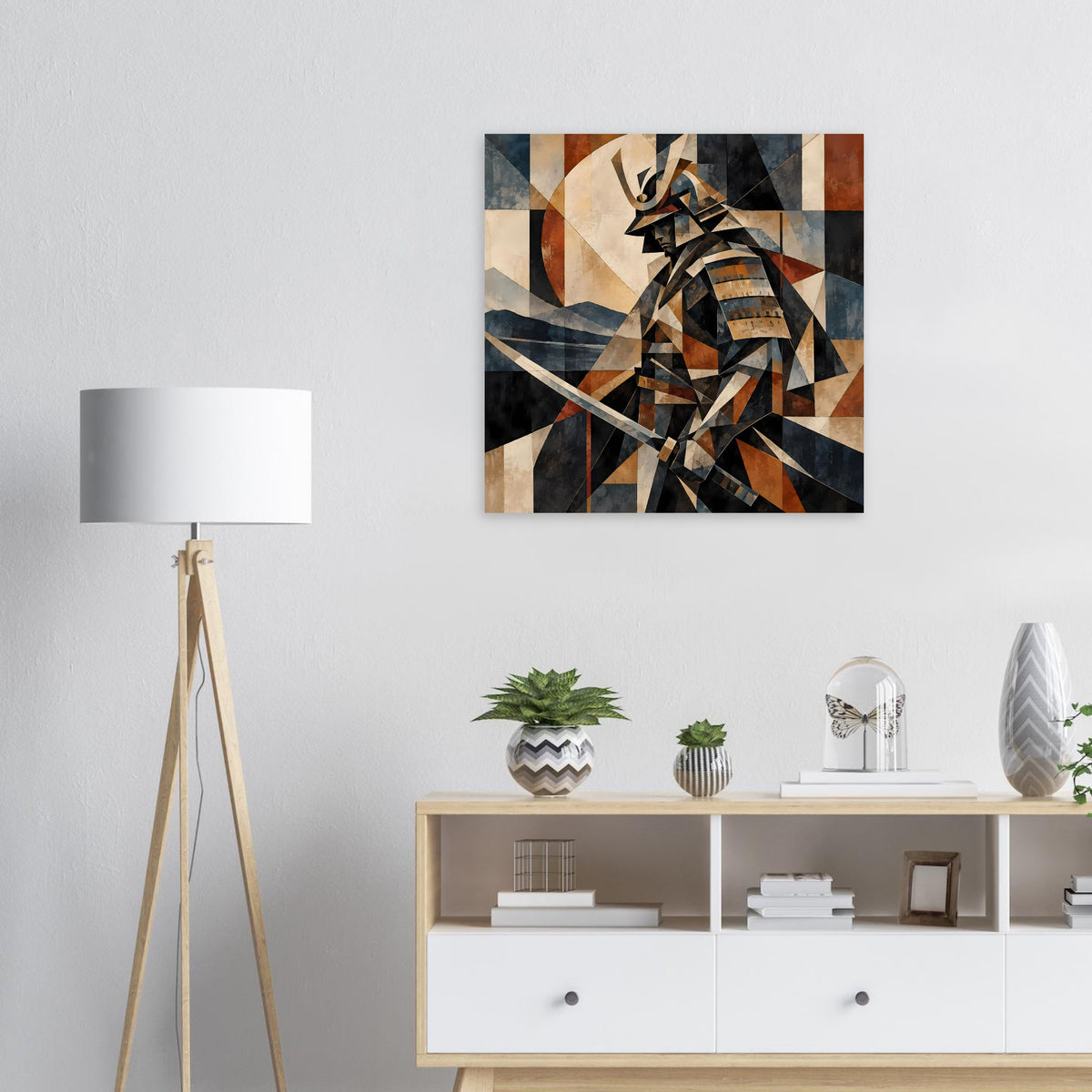 Geometrisches Samurai-Krieger-Poster mit Schwert, Erdtönen und Blau