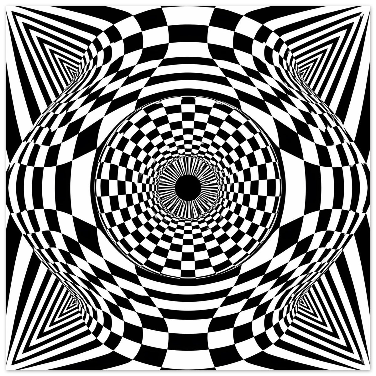 Quadratisches Schwarz-weiß-Poster mit Schachbrettspirale, Kreiswellen und optischer Täuschung