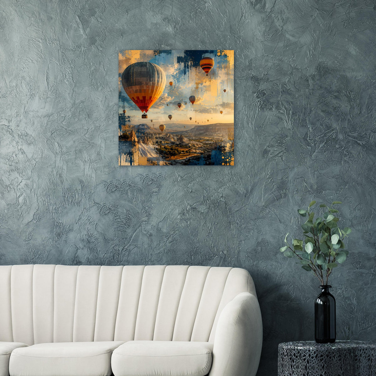 Wandposter mit Heißluftballons und Landschaft, Blau-Orange, abstrakte Struktur im Druck