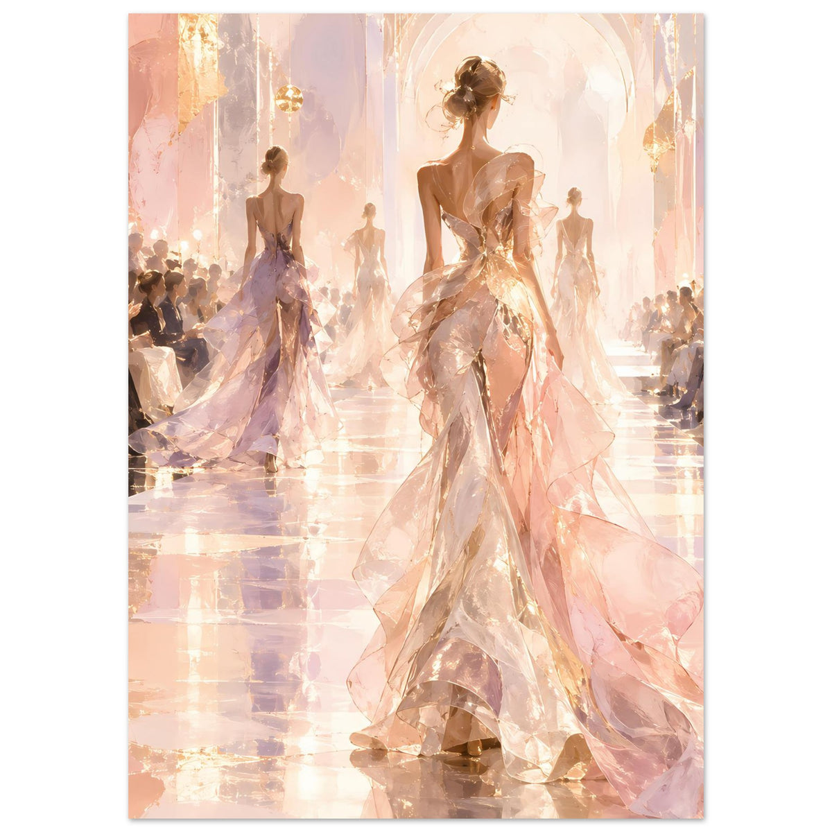 Mode-Runway-Poster im Hochformat: Figur in beigem, schimmerndem Kleid auf dem Laufsteg