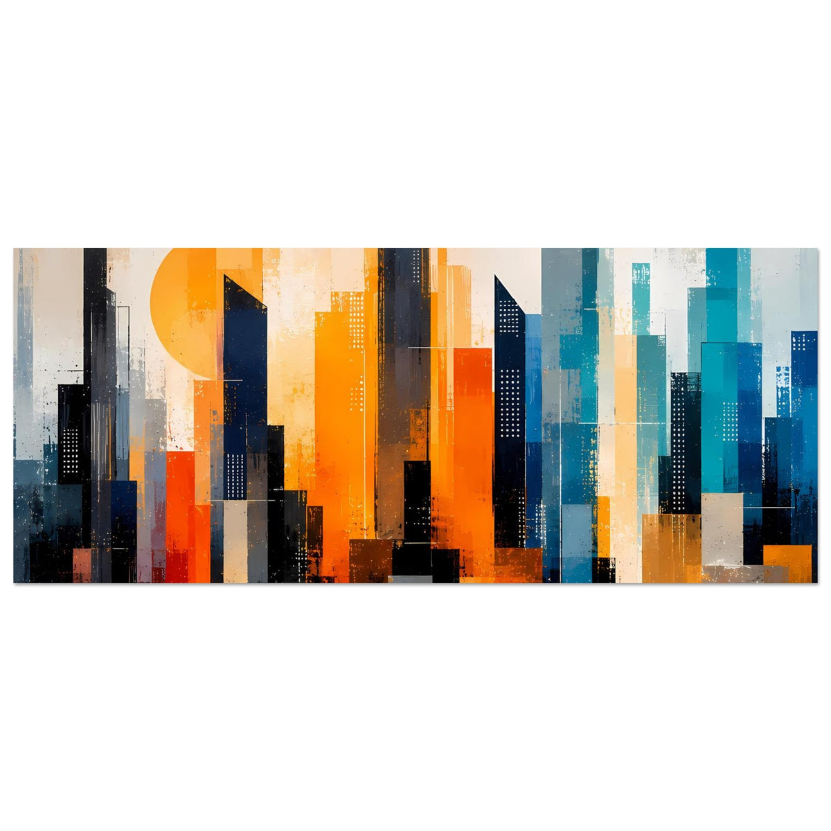 Horizontales Skyline-Stadtposter: orange und türkisfarbene Hochhäuser, viel Himmel