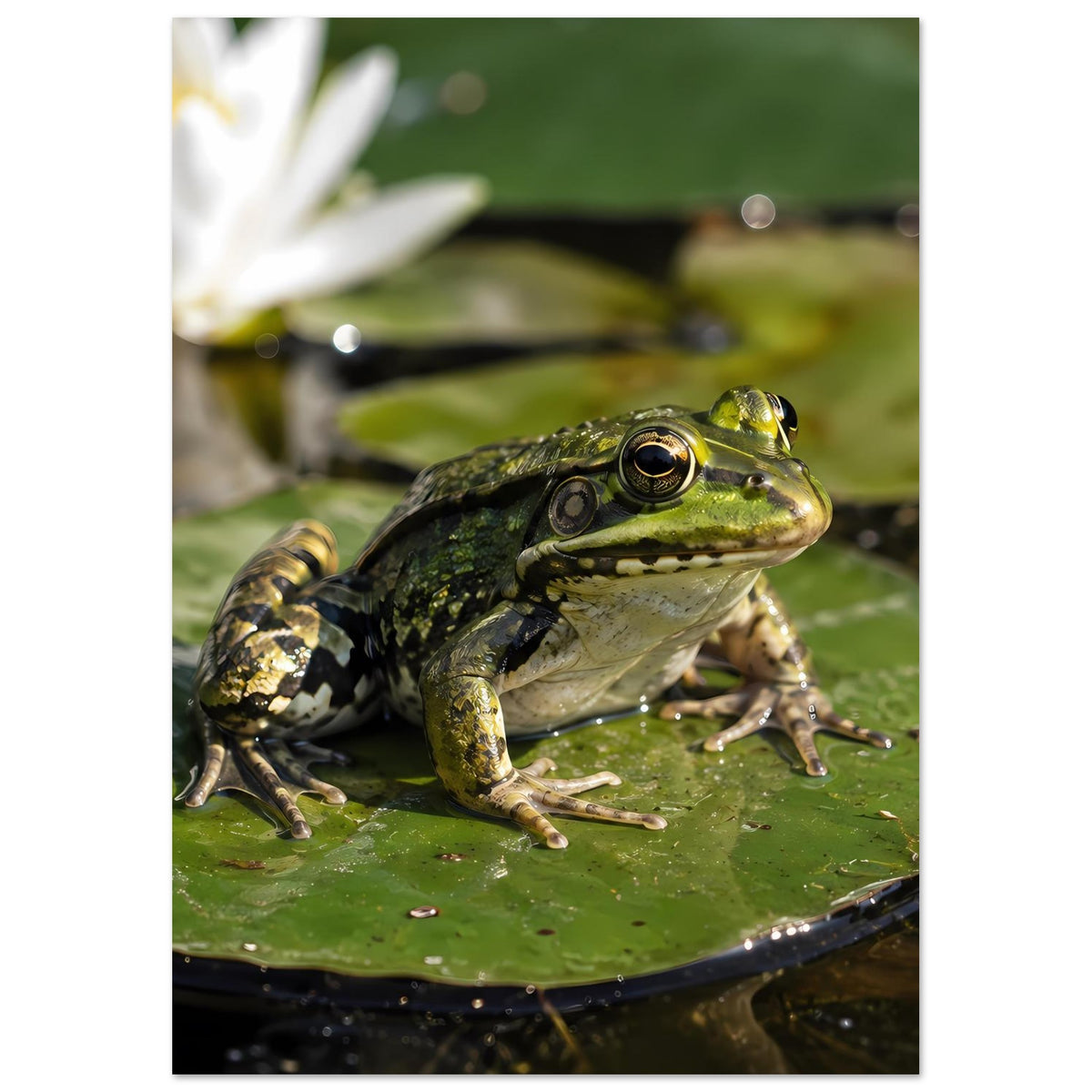 Poster mit Frosch auf Seerosenblatt, seitlich ausgerichtete Nahaufnahme