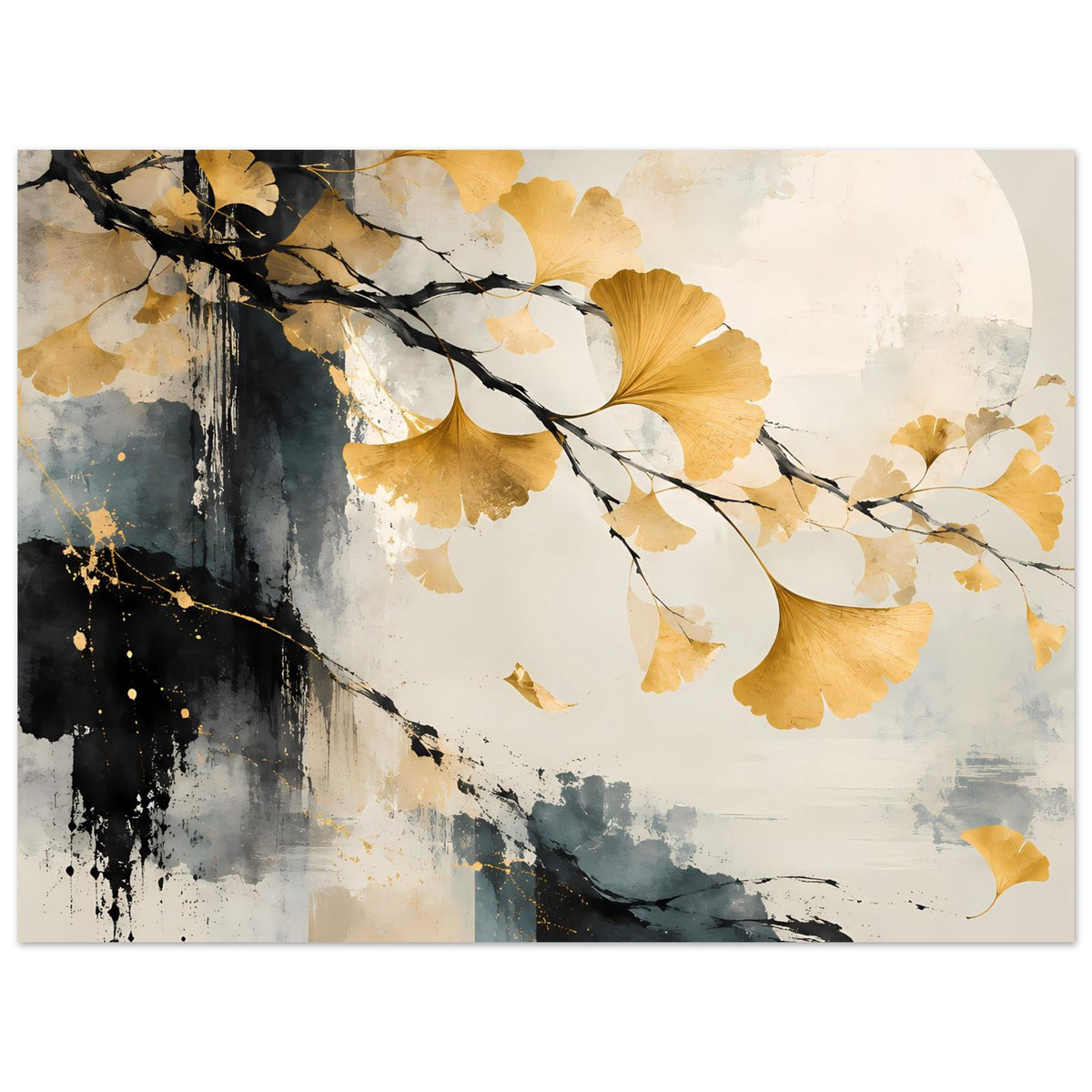 Breites Kunst-Poster mit goldenen Ginkgoblättern, schwarzem Ast und Aquarell in Blau-Grau