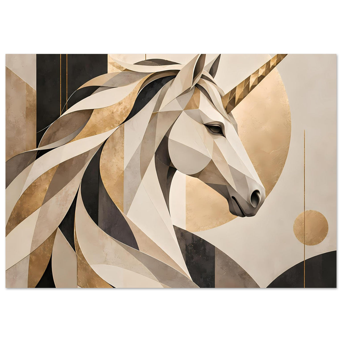 Poster mit Einhorn-Porträt, geometrische Collage, Mähne in Creme, Braun und Schwarz