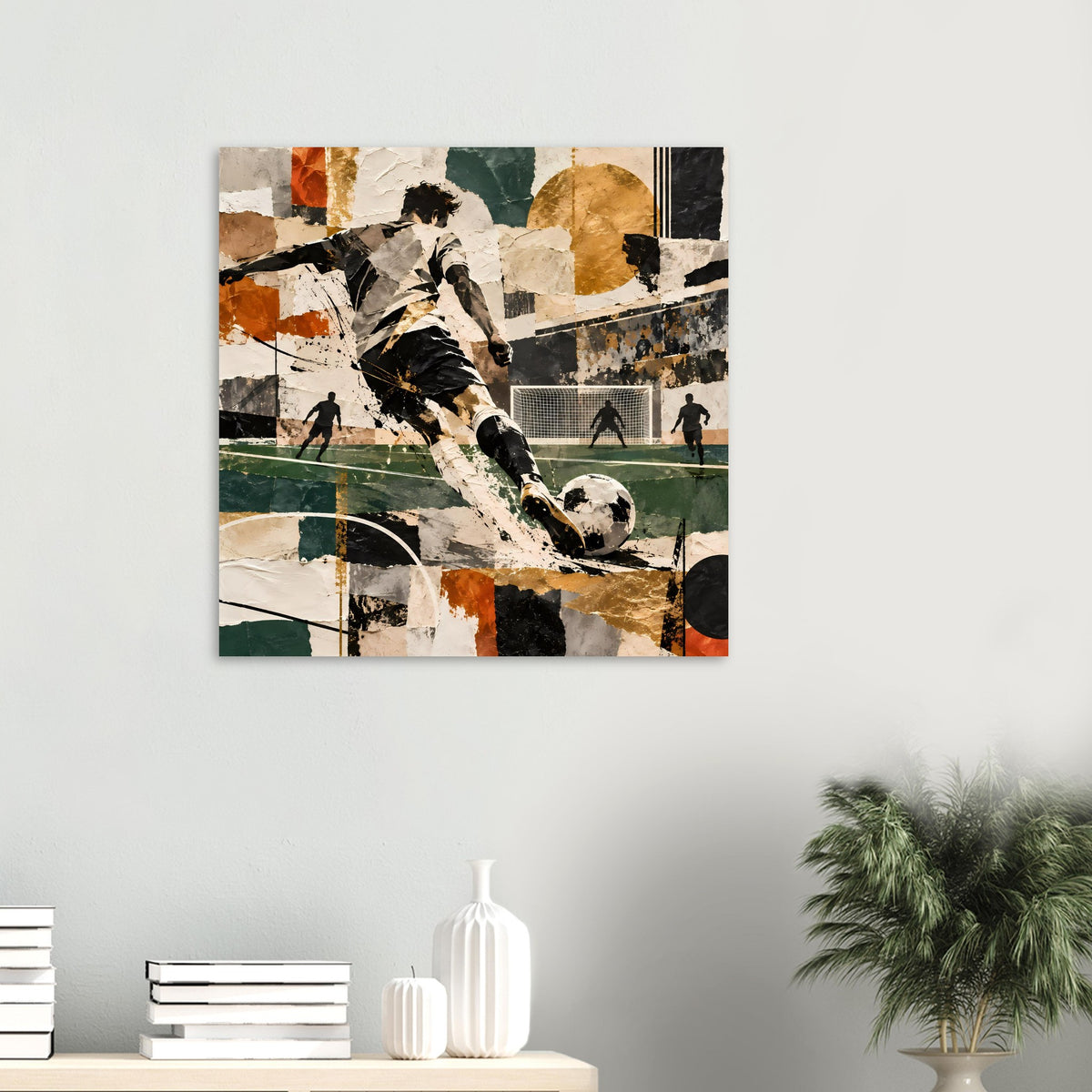 Quadratischer Kunstdruck mit Fußballspieler in Schwarz und Creme im Collage-Stil